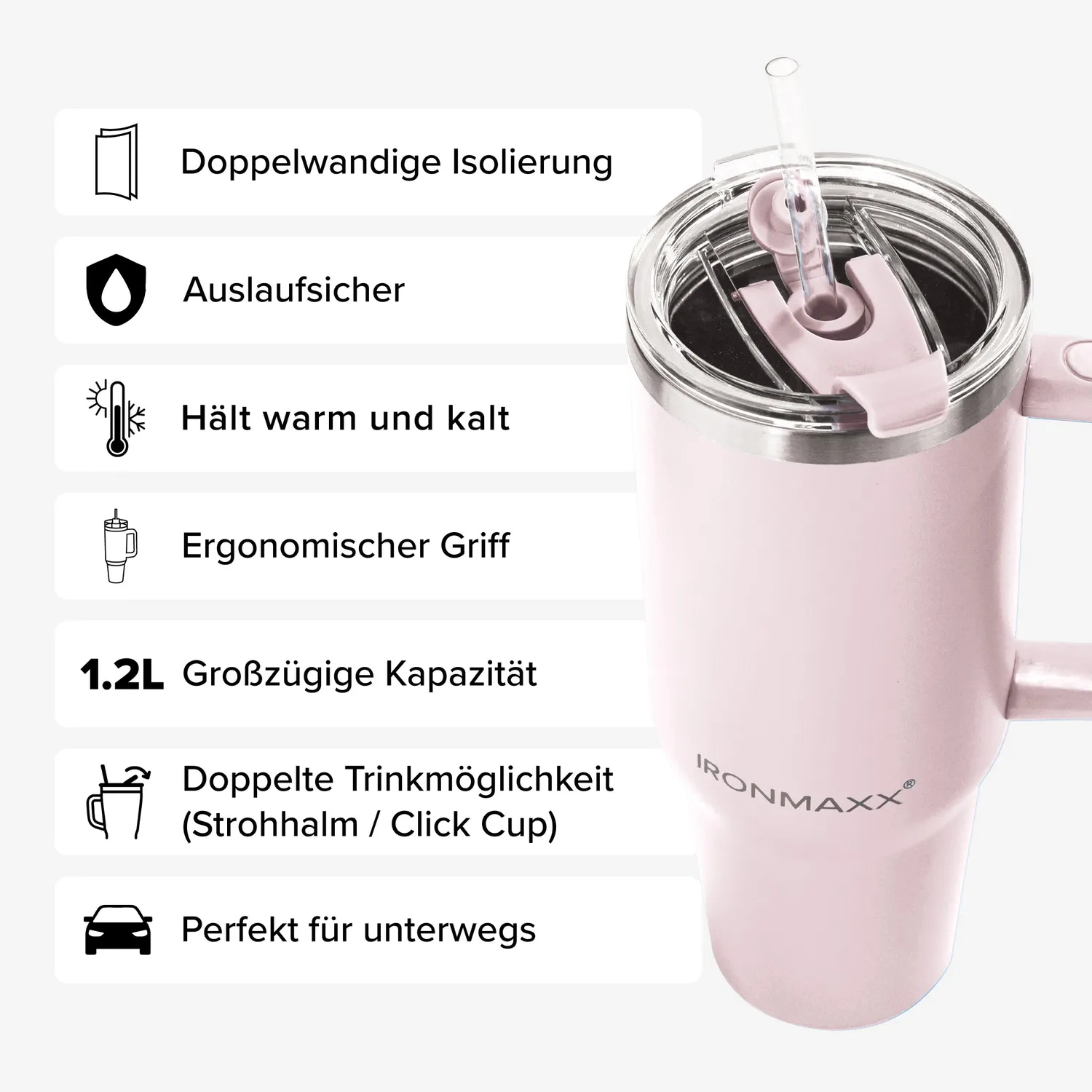 IronMaxx Cup V3.0 Trinkbecher 1200ml Rose mit Griff