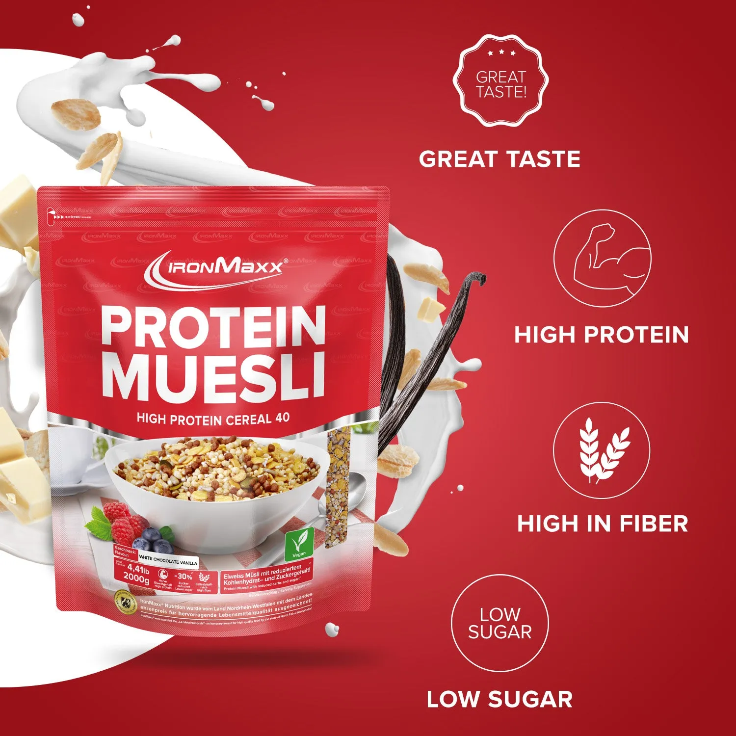 IronMaxx Protein Müsli 2000g White Chocolate Vanilla proteinreich