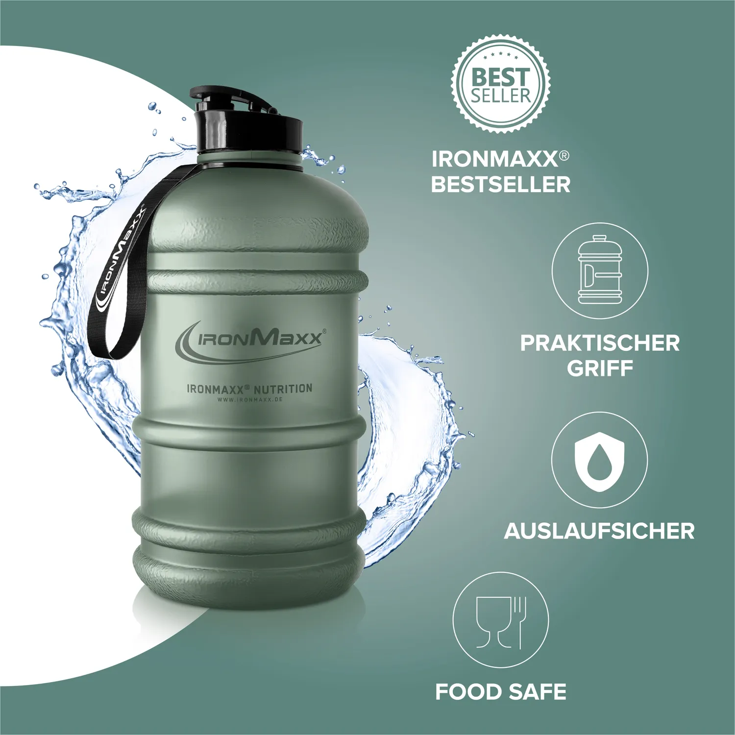 IronMaxx Water Gallon Trinkflasche Mineral Green 2200ml BPA-frei