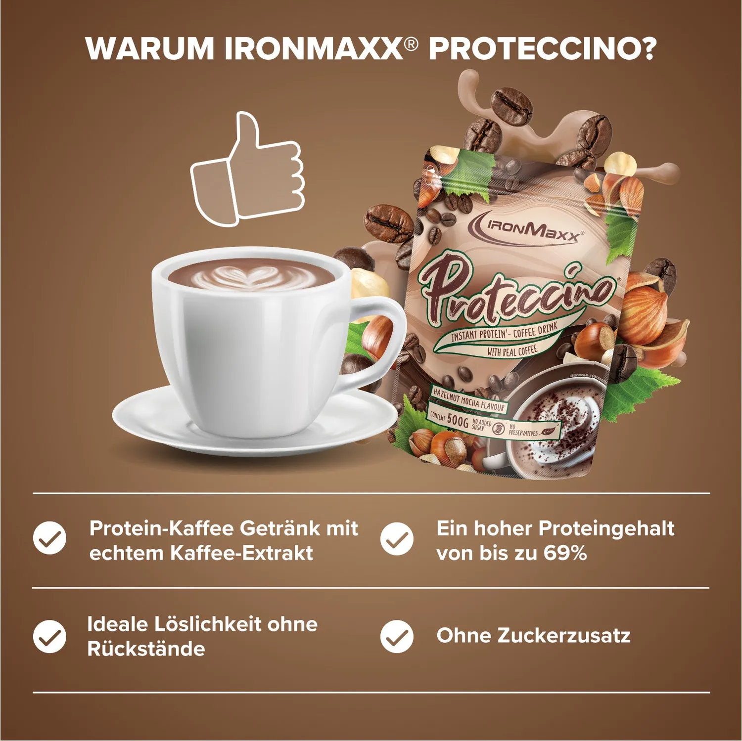 IronMaxx Proteccino Proteinpulver Haselnuss Mocha 500g mit Kaffee
