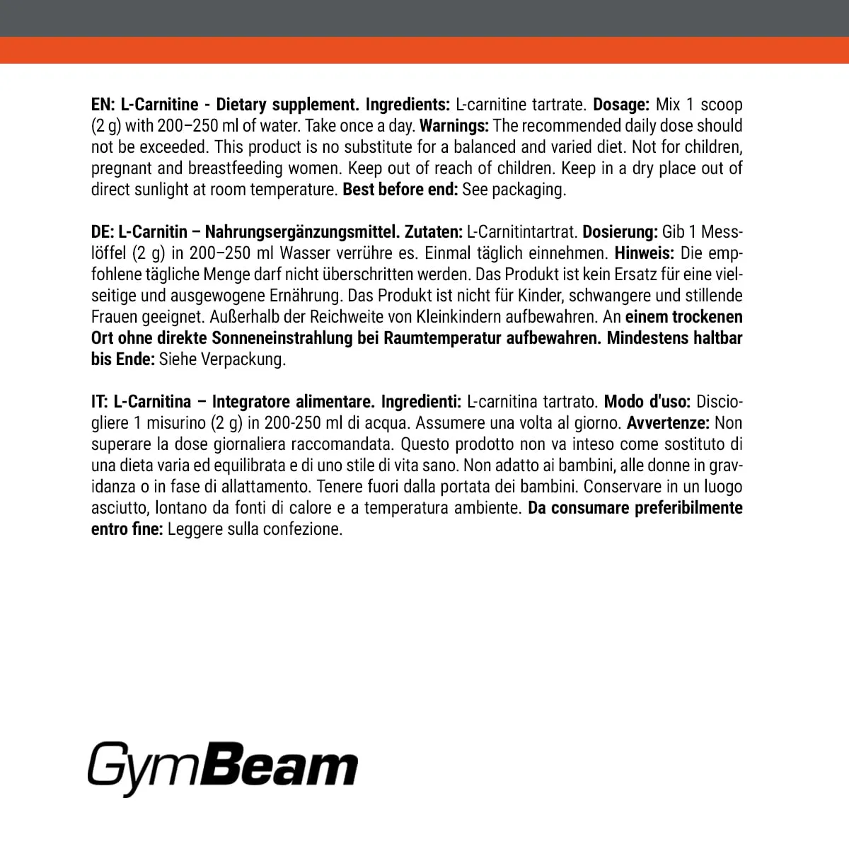 GymBeam L-Carnitin Tartrat Pulver neutral 250 g