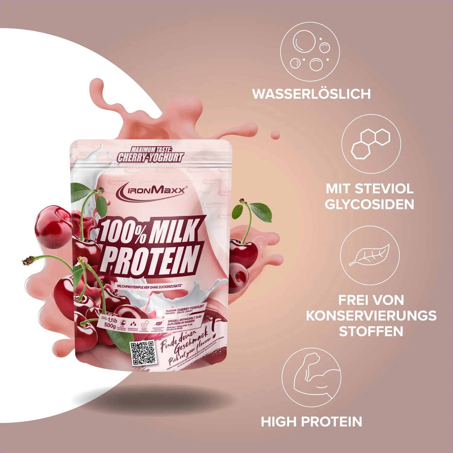 IronMaxx 100% Milk-Protein 500g Cherry Yoghurt Slow Release Casein