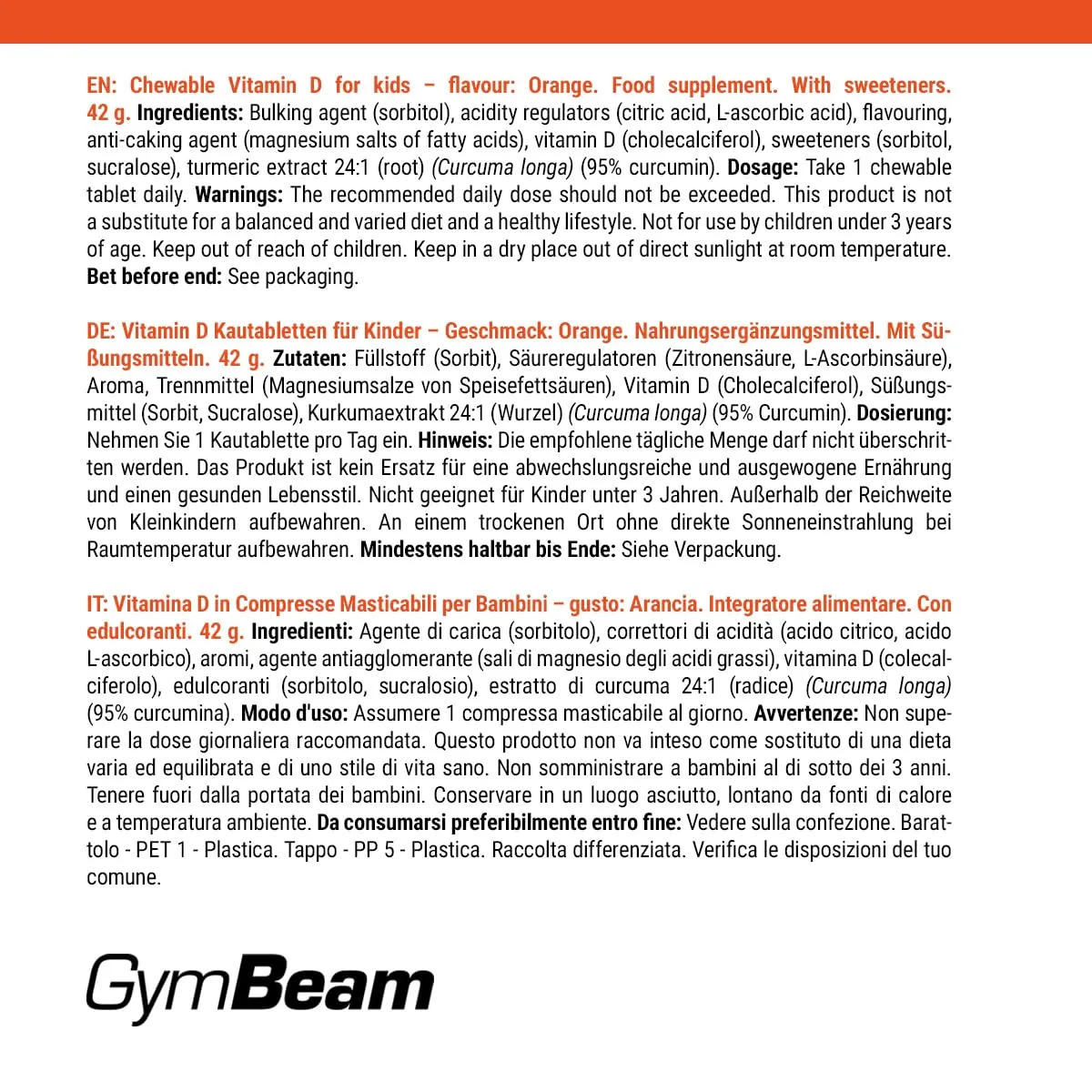 GymBeam Vitamin D3 Kinder Kautabletten 120 Tabs Orange