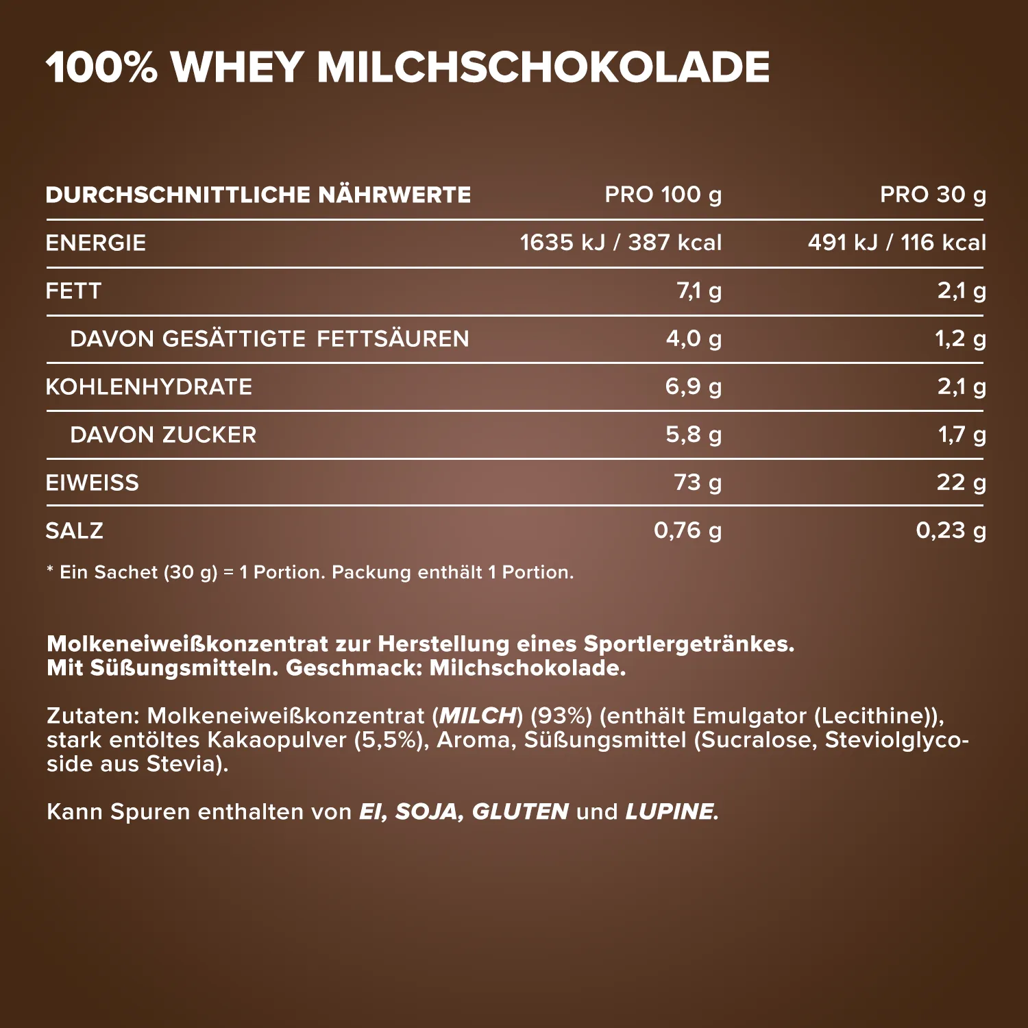 IronMaxx 100% Whey Protein Milchschokolade 30g Probe zuckerfrei
