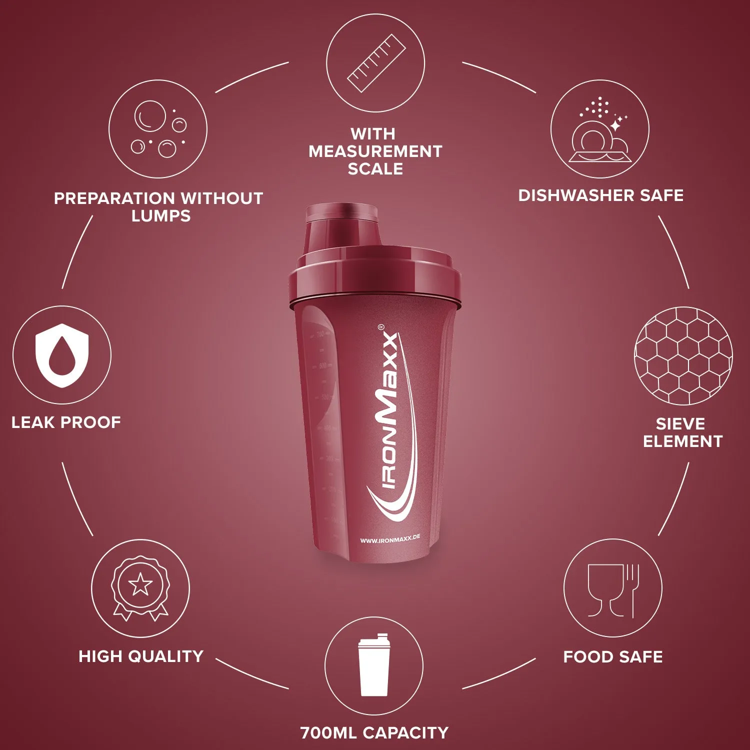 IronMaxx Shaker 700ml Cozy Red Eiweißshaker mit Sieb