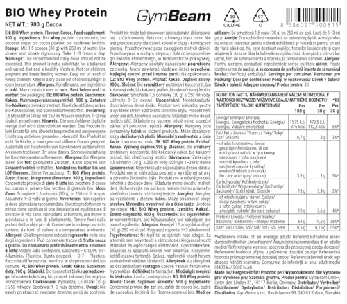 GymBeam Bio Whey Proteinpulver Kakao 900 g Weidemilch