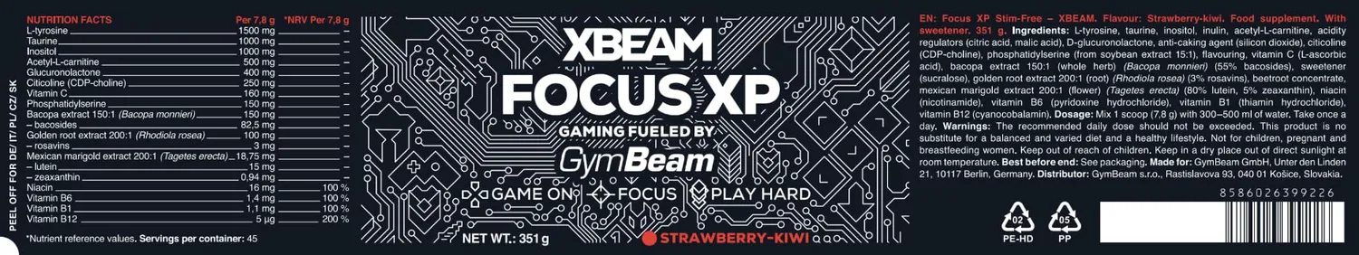 GymBeam Xbeam Focus XP Gaming Booster Erdbeere Kiwi 351 g koffeinfrei