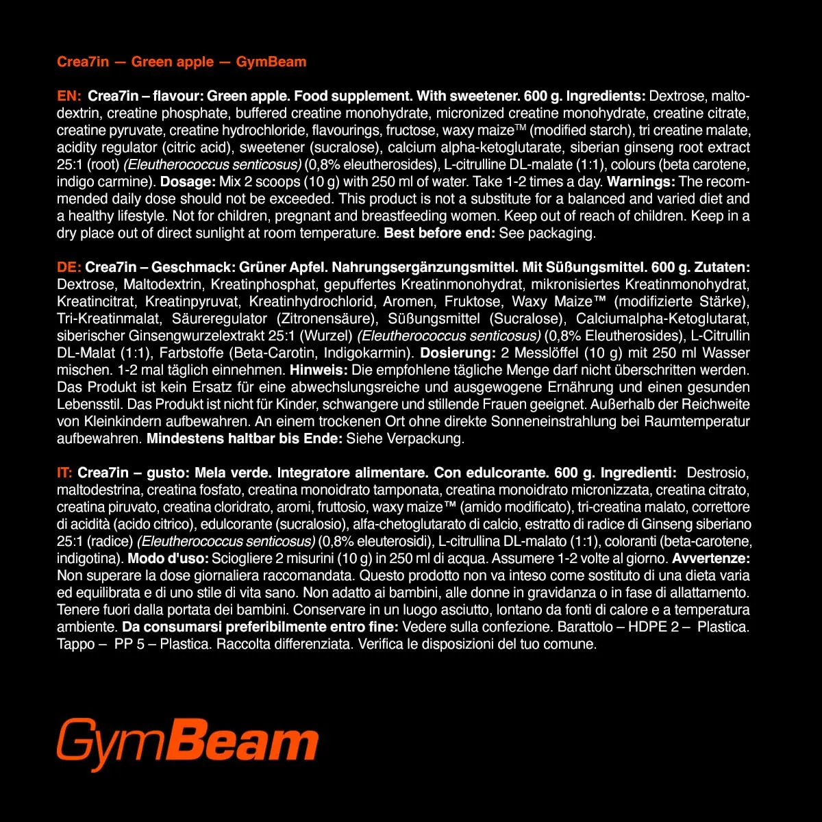 GymBeam Crea7in Kreatin Green Apple 300g Komplex