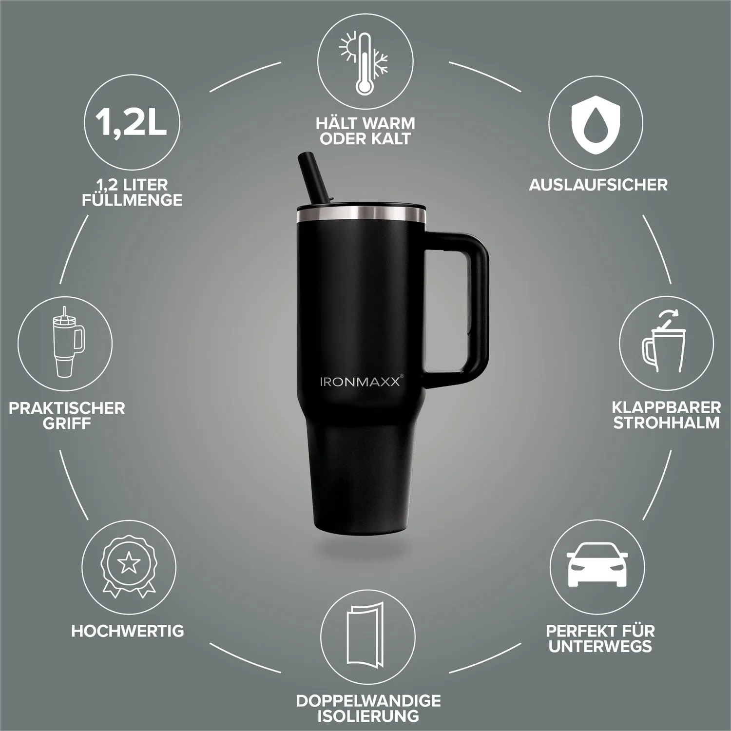 IronMaxx Cup V4.0 Thermobecher 1200ml Deep Black isoliert