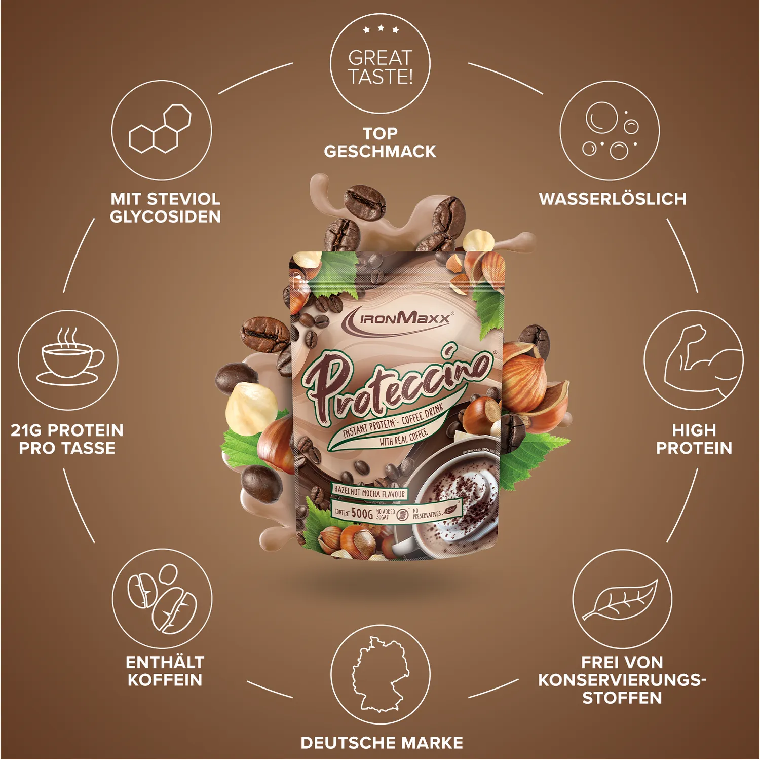 IronMaxx Proteccino Proteinpulver Haselnuss Mocha 500g mit Kaffee