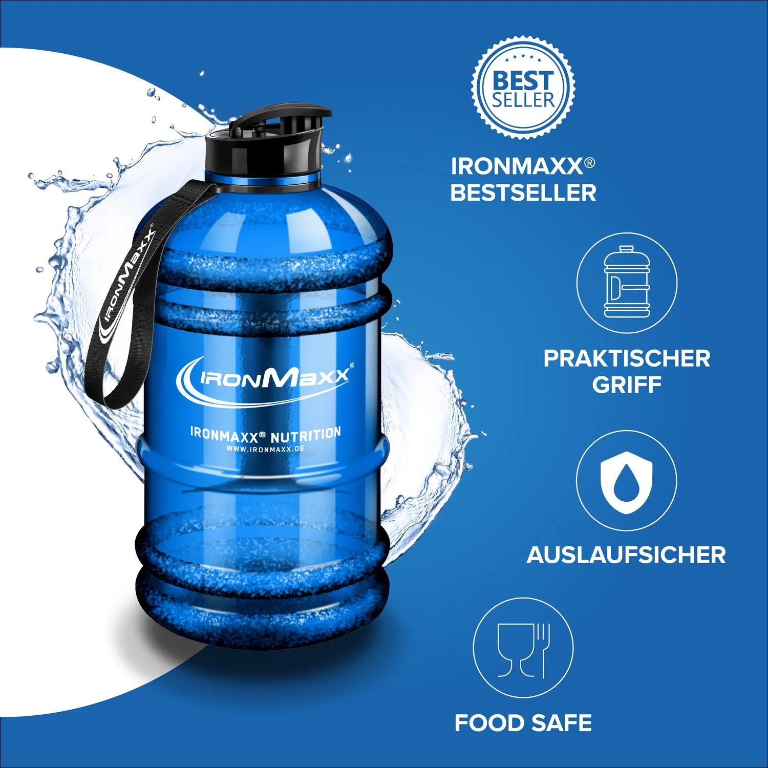 IronMaxx Water Gallon 2200 ml Trinkflasche Blau BPA-frei