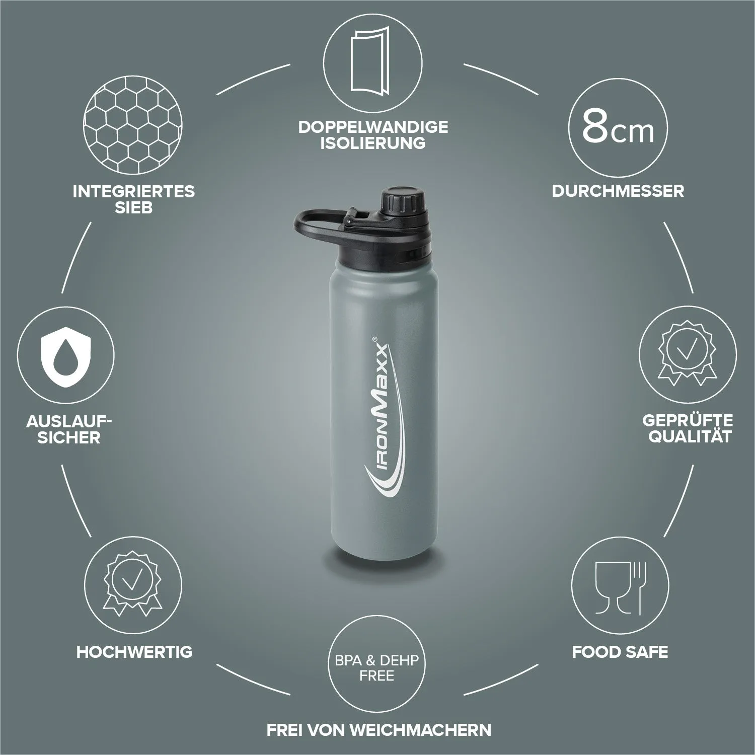 IronMaxx Hot & Cold Bottle Trinkflasche 800ml Ash Grey isoliert