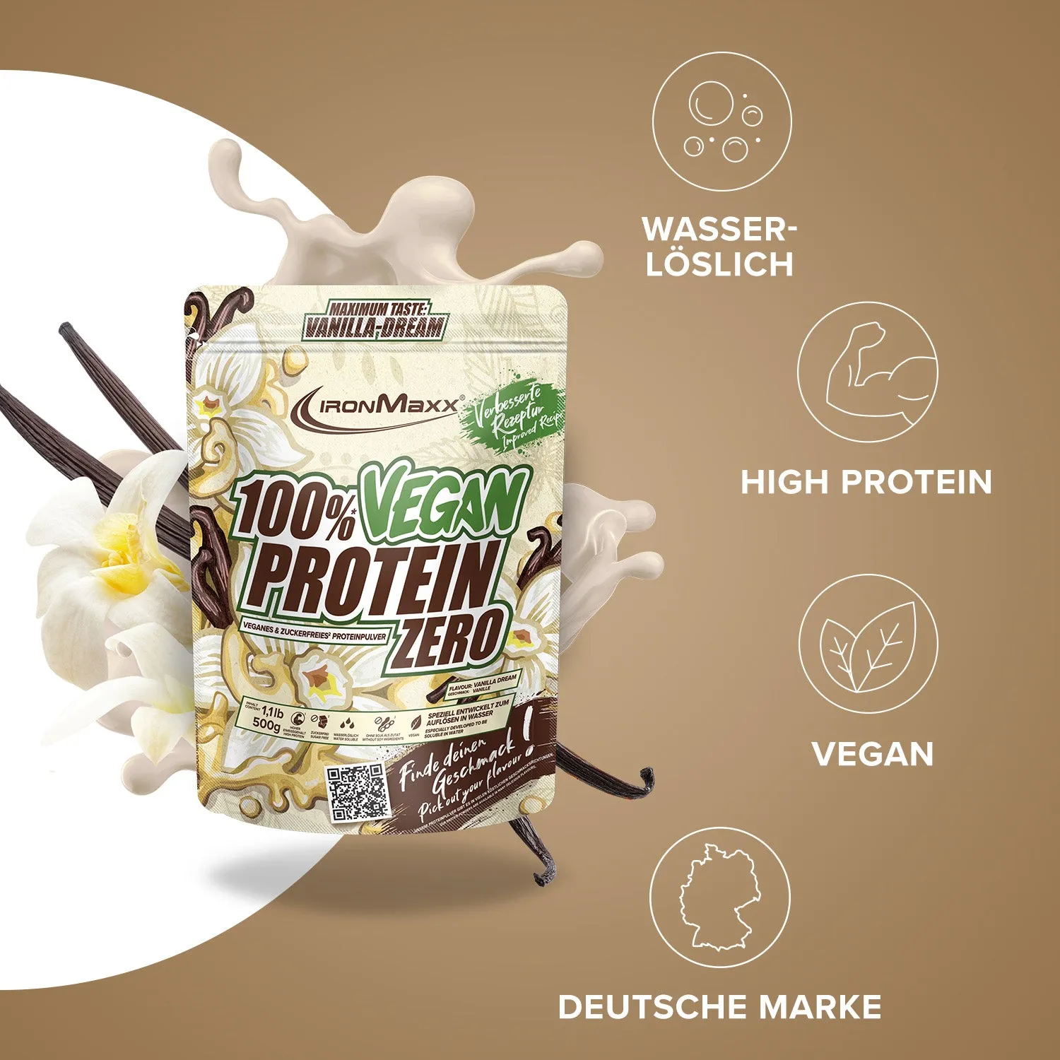 IronMaxx 100% Vegan Protein Zero Proteinpulver Vanilla Dream 500g zuckerfrei