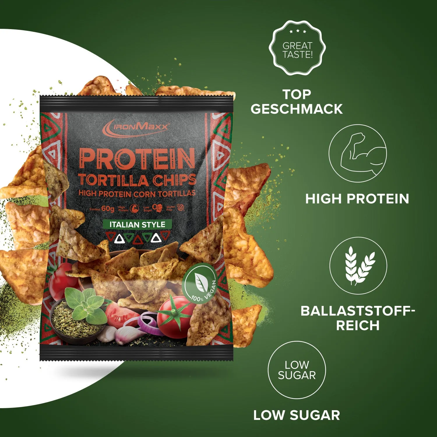 IronMaxx Protein Tortilla Chips 60 g Italian Style vegan