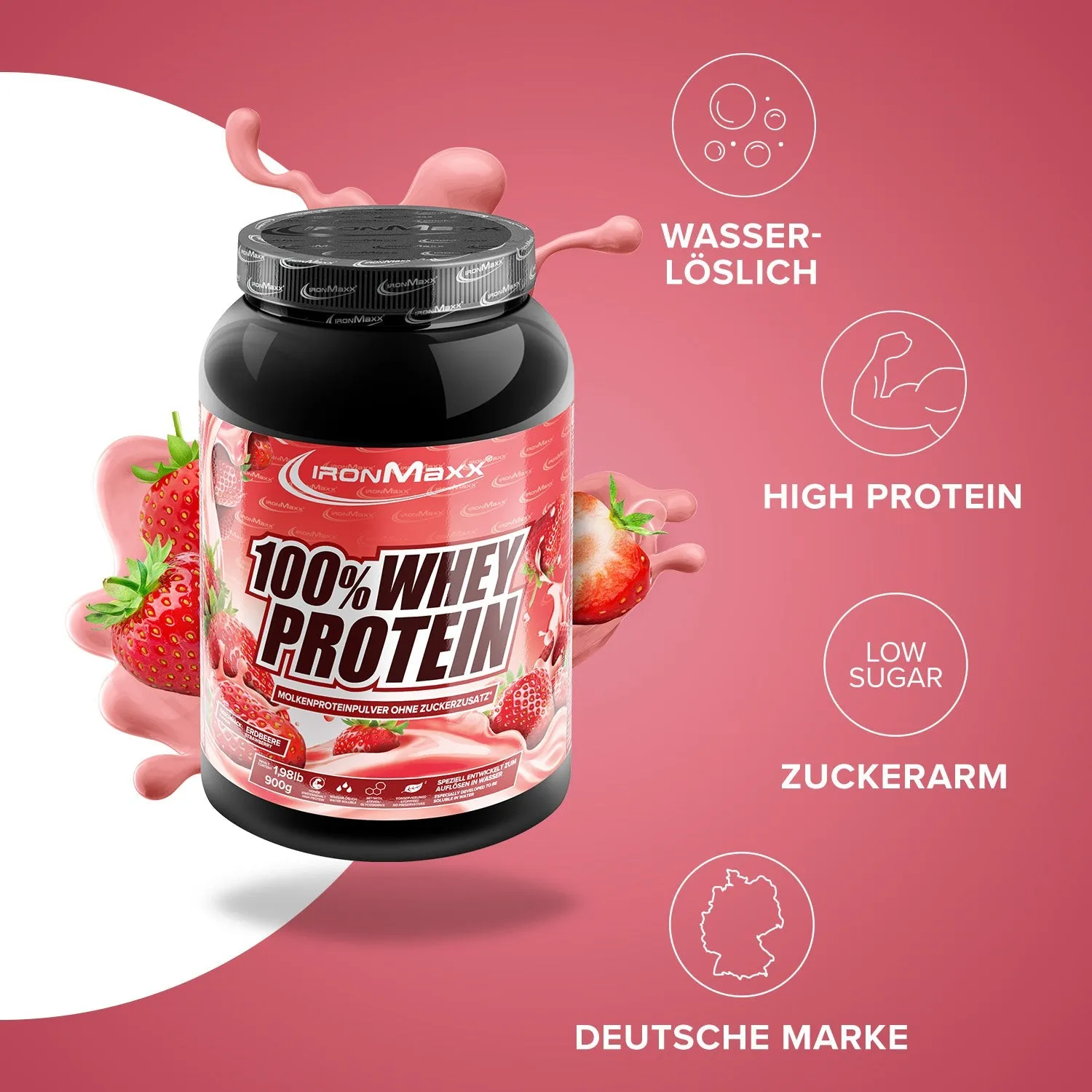 IronMaxx 100% Whey Protein Strawberry 900g Muskelaufbau