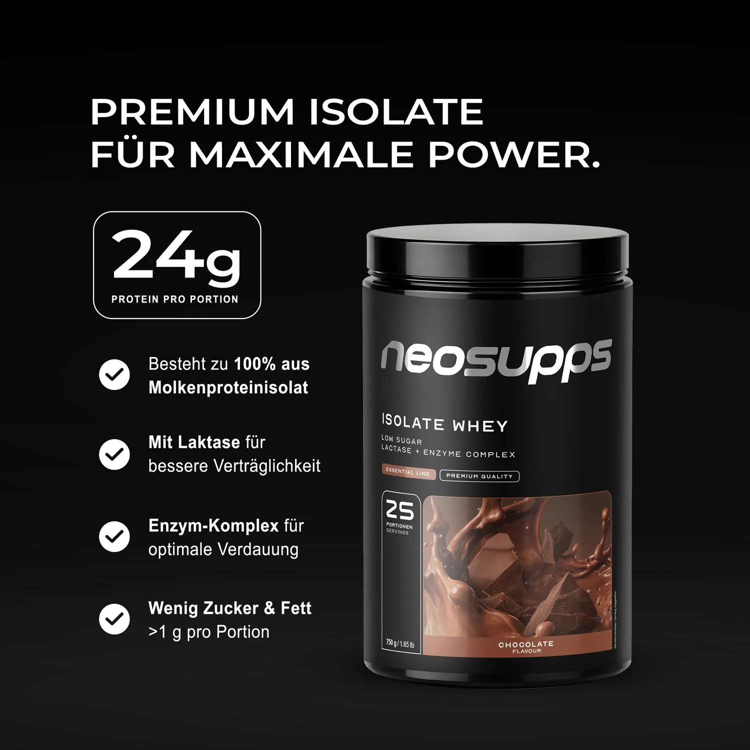 Neosupps Isolate Whey Proteinpulver Chocolate 750g zuckerarm