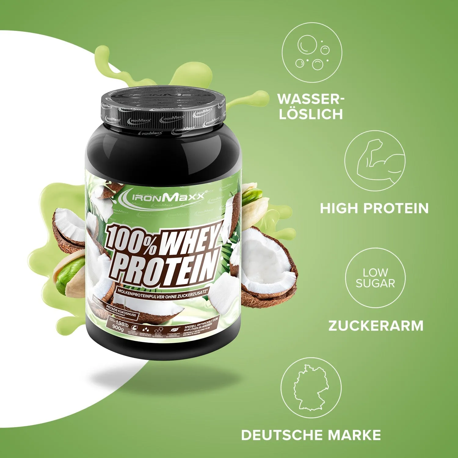 IronMaxx 100% Whey Protein 900g Pistazie Kokos zuckerfrei
