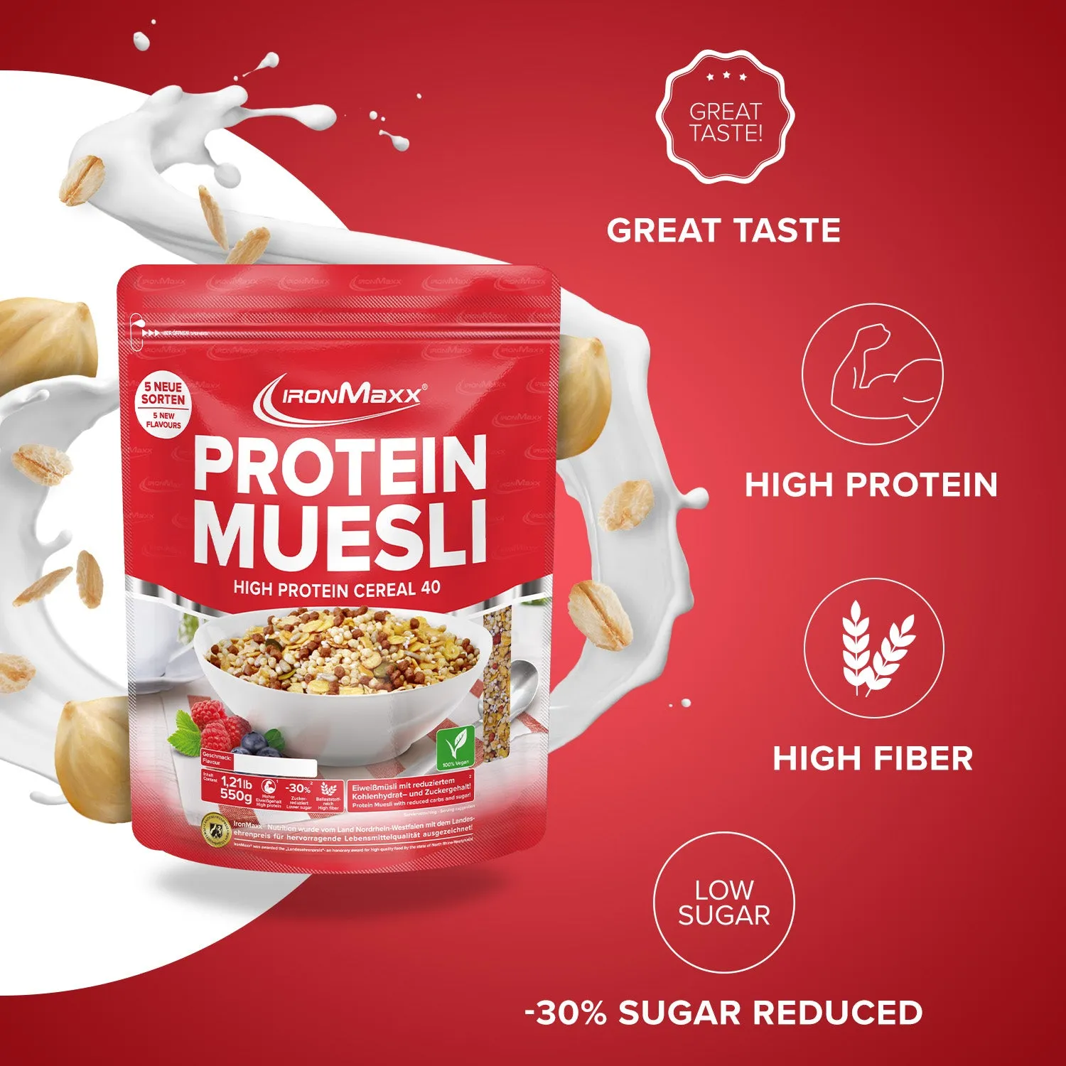 IronMaxx Protein Müsli Haselnuss 550g vegan proteinreich