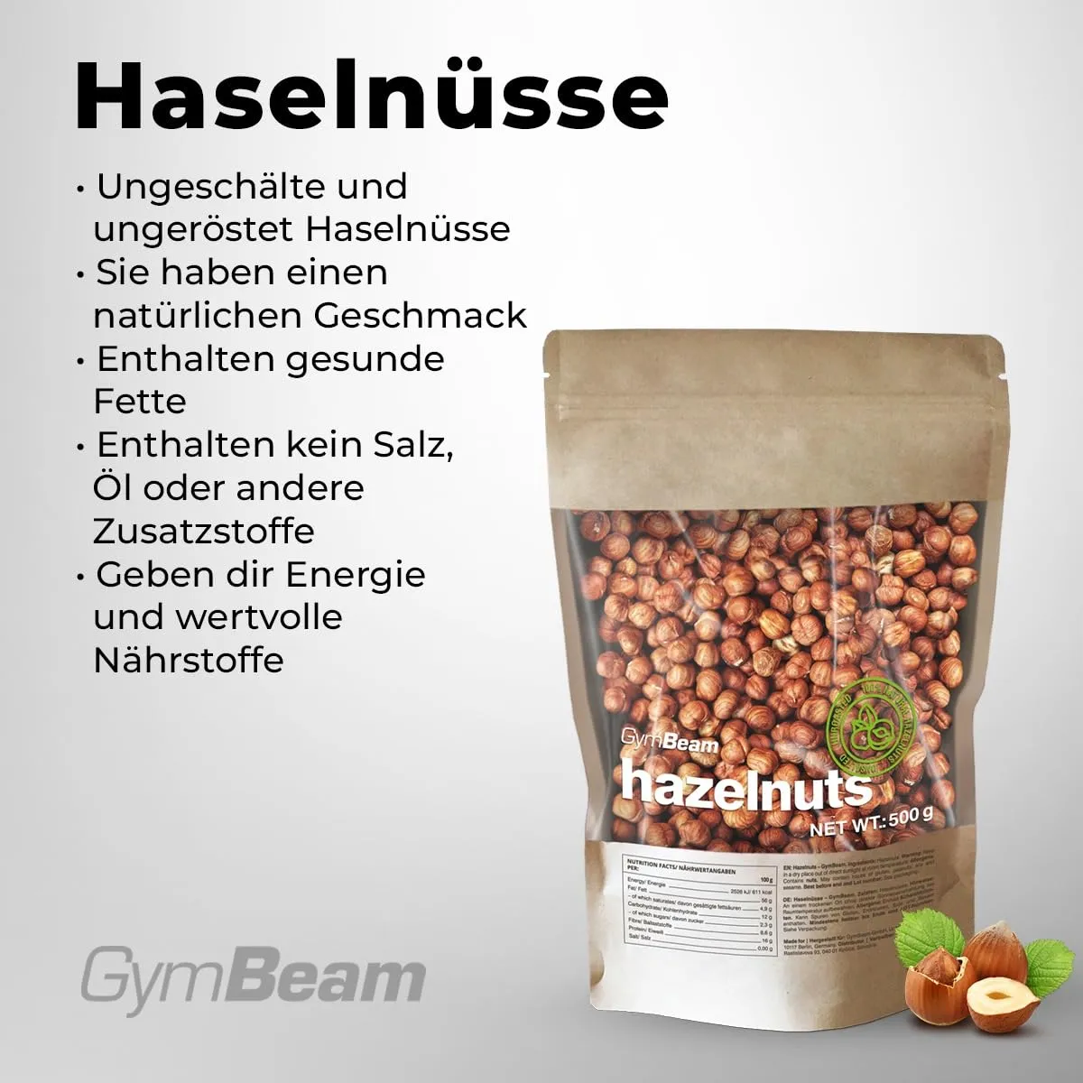 GymBeam Haselnüsse mit Schale ungeröstet naturbelassen