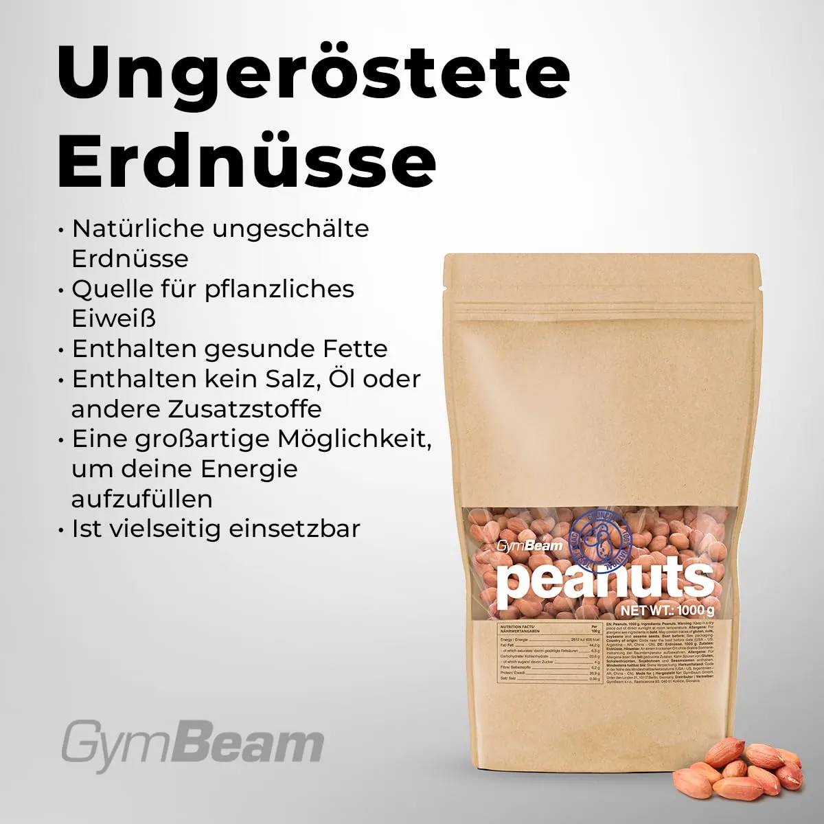 GymBeam Ungesalzene Erdnüsse Snack 1000g naturbelassen