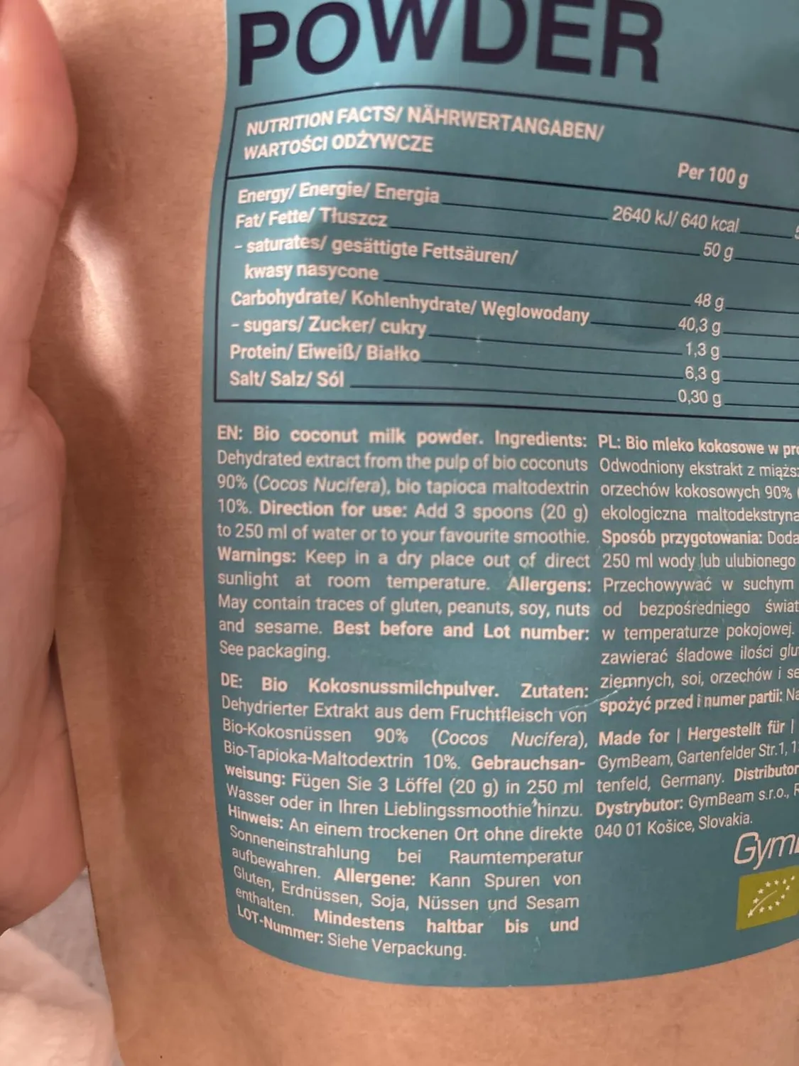 GymBeam Bio Kokosmilchpulver 250g vegan laktosefrei
