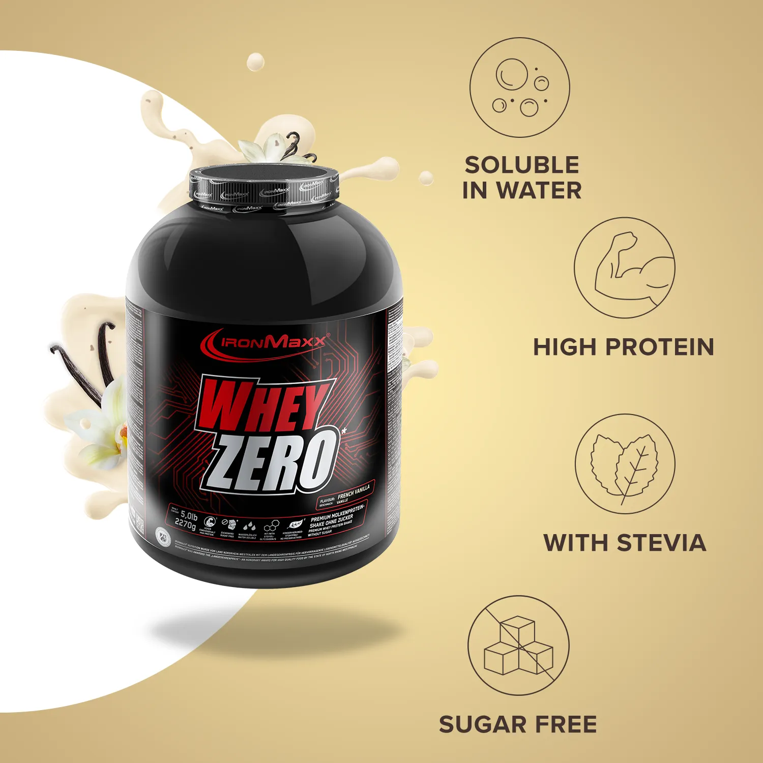 IronMaxx Whey ZERO Proteinpulver 2270 g French Vanilla zuckerfrei