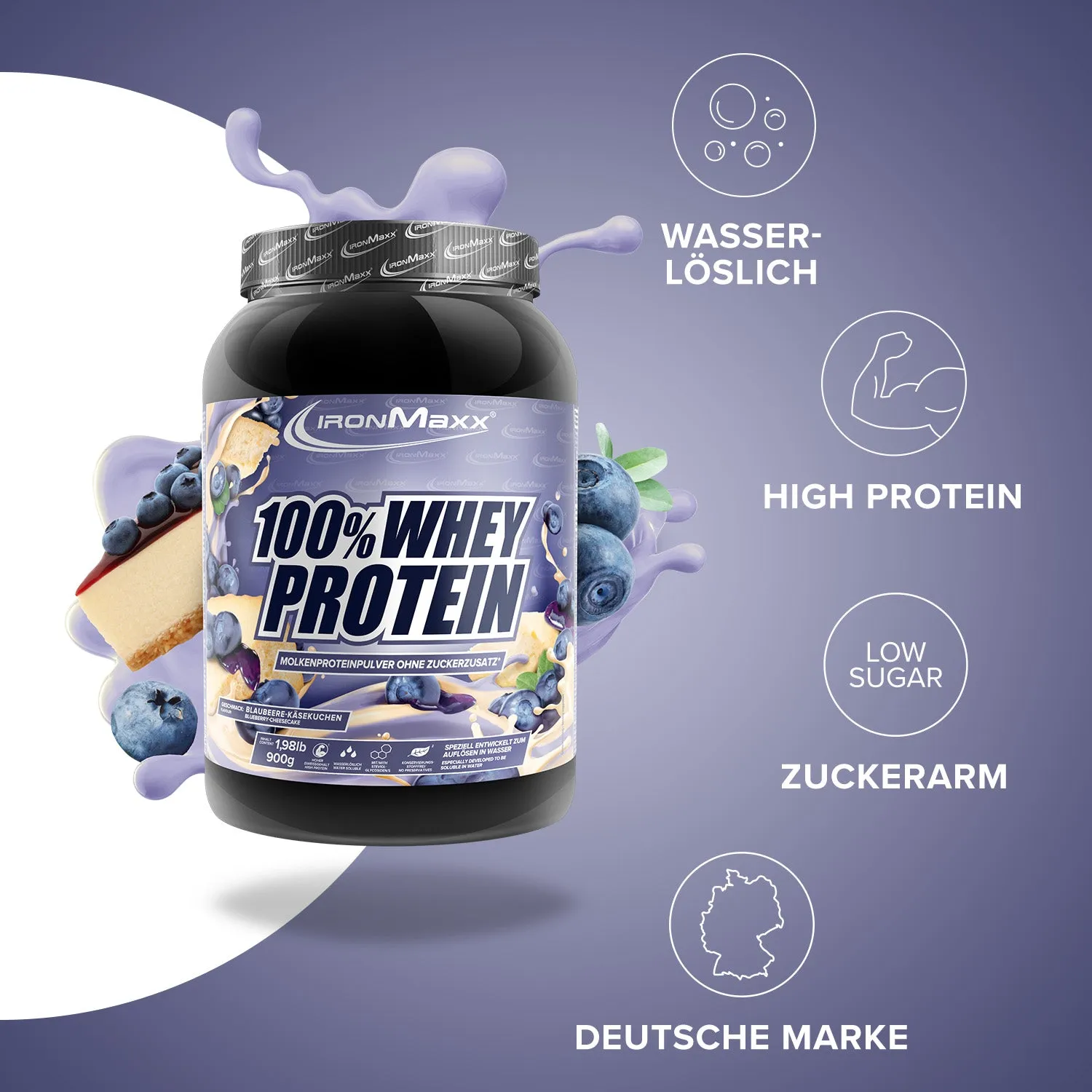 IronMaxx 100% Whey Proteinpulver 900g Blueberry Cheesecake zuckerfrei