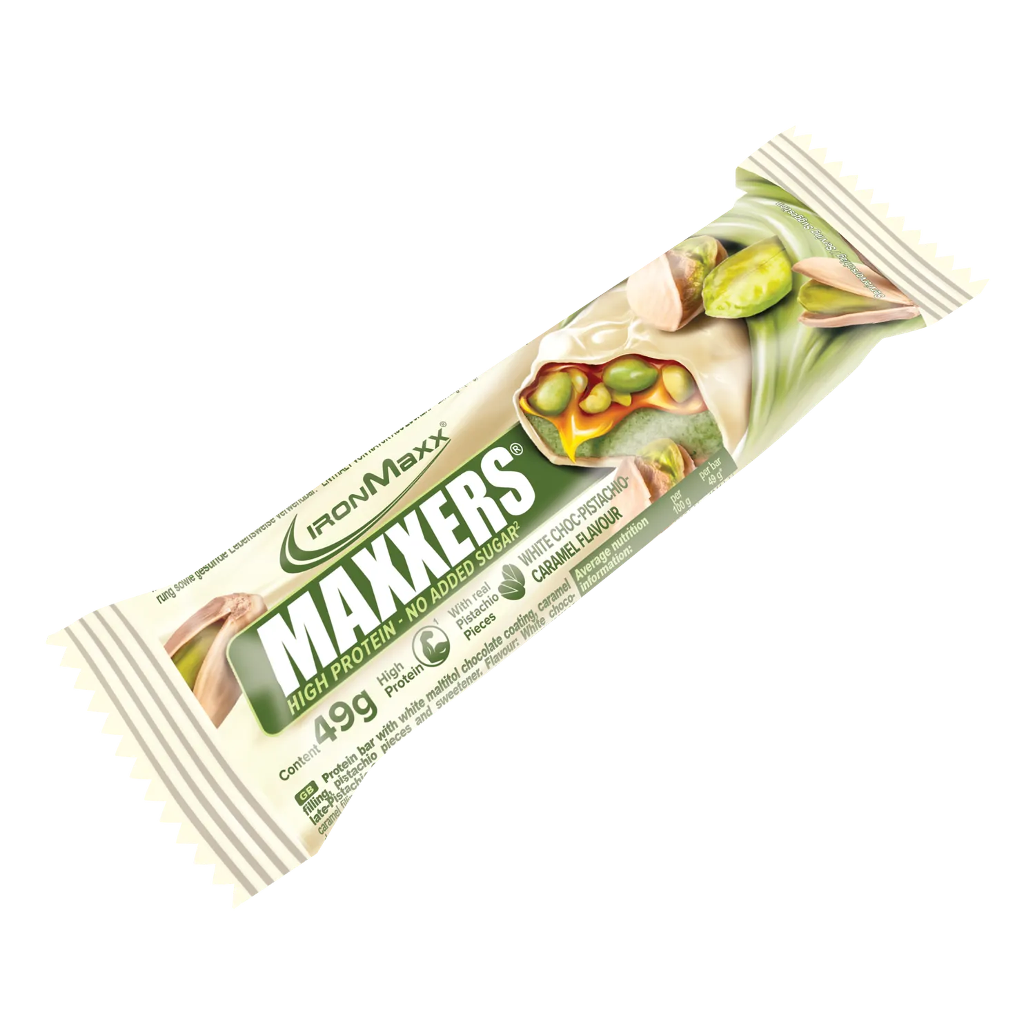 IronMaxx Maxxers Proteinriegel White Choc Pistachio Caramel 24x49g