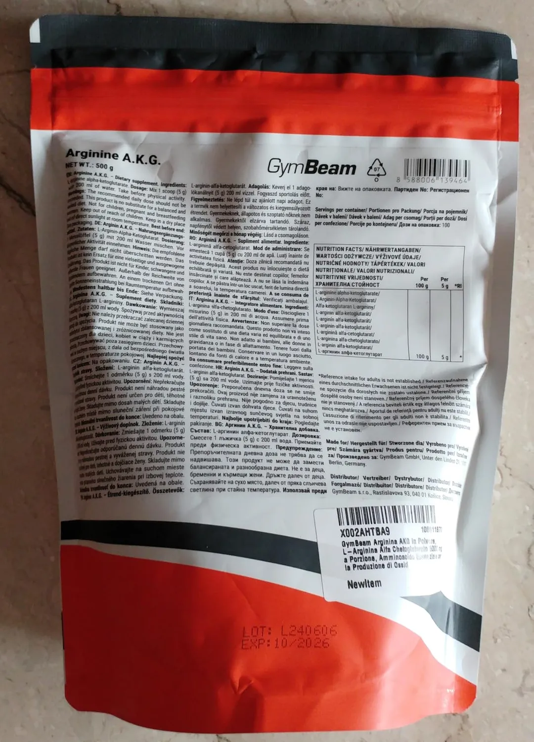 GymBeam Arginin A.K.G. Pulver neutral 500 g hochdosiert