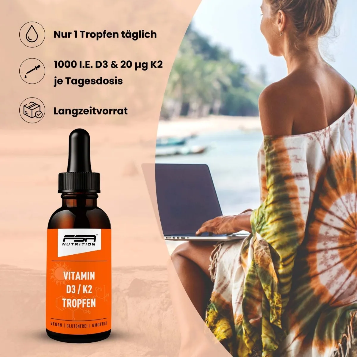 FSA Nutrition Vitamin D3 + K2 MK7 Tropfen 1000 I.E.