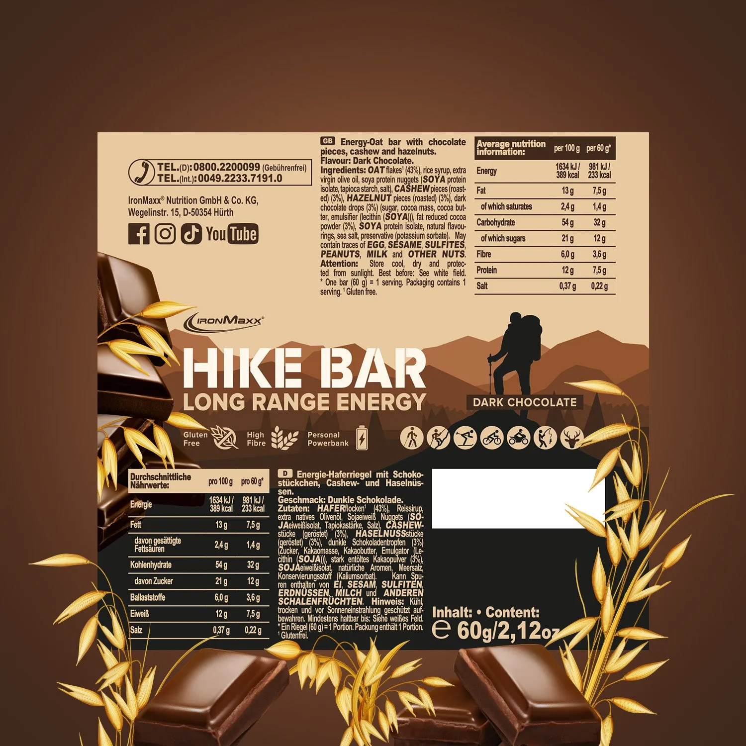 IronMaxx Hike Bar Riegel 60 g Dark Chocolate vegan
