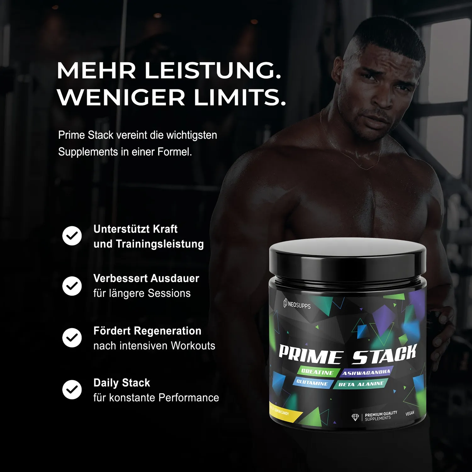 Neosupps Prime Stack Creatin Pulver Lemon Candy 450g vegan