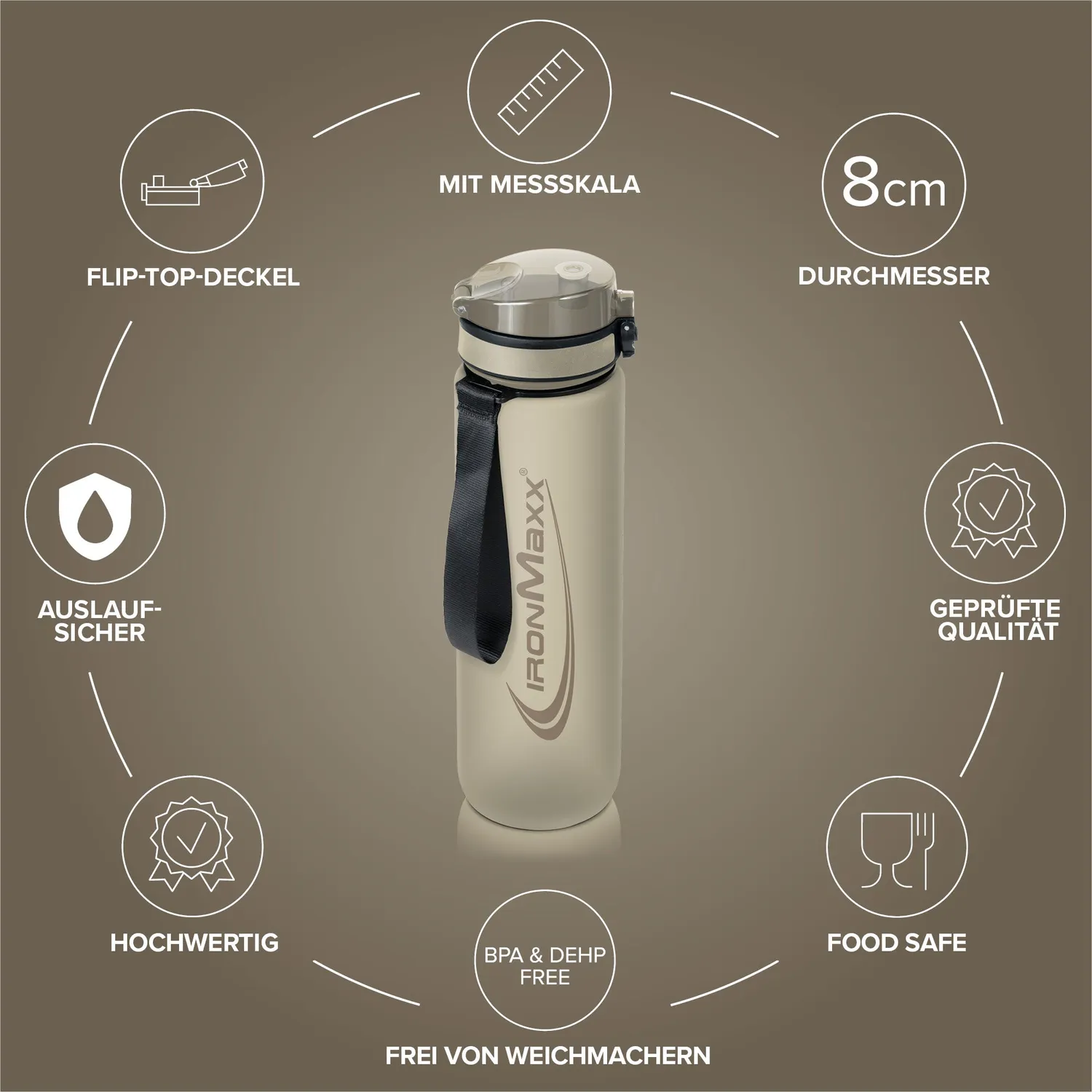 IronMaxx Sport Water Bottle Trinkflasche Sandstone Beige 1000ml