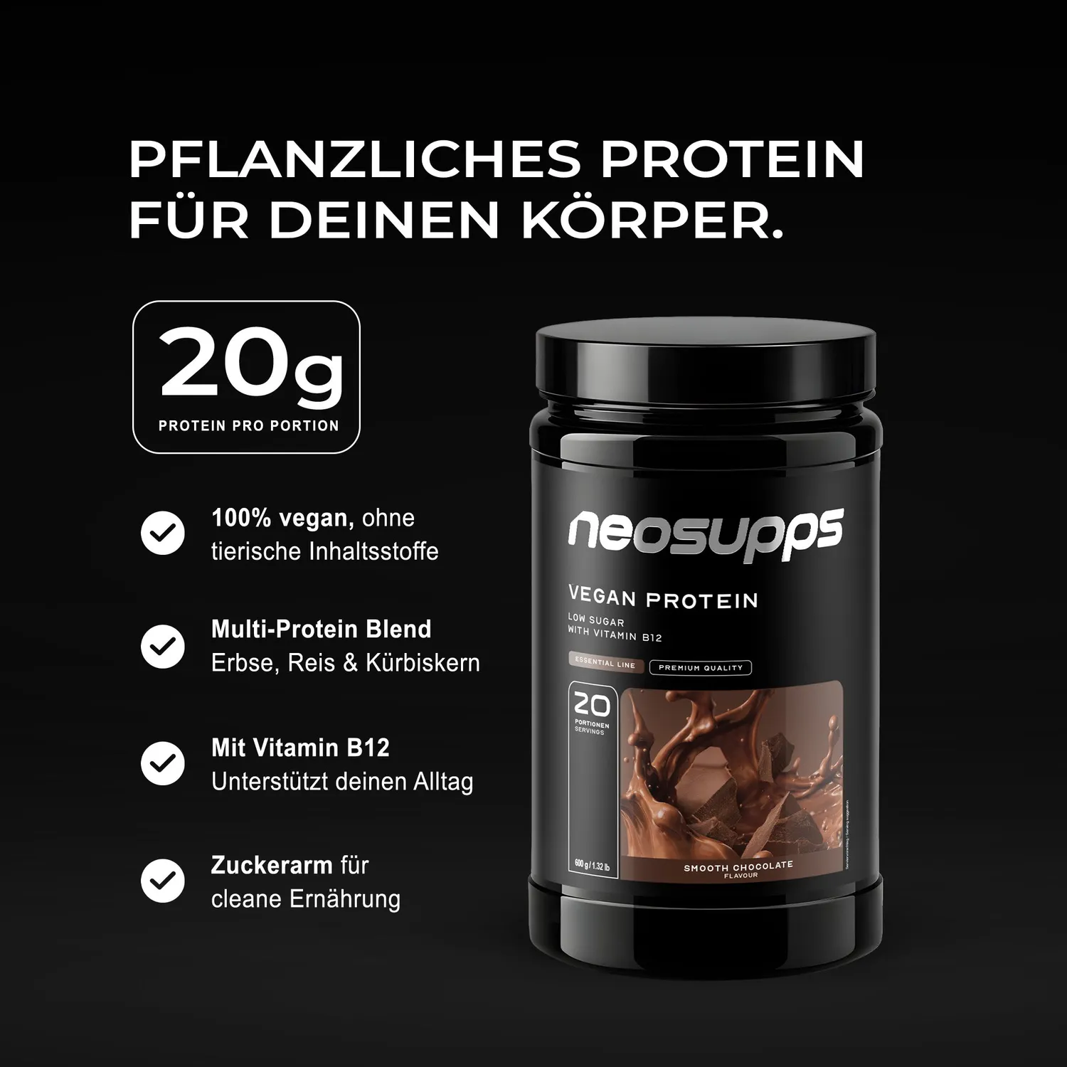 Neosupps Vegan Protein Eiweiß Smooth Chocolate 600g 20g Protein
