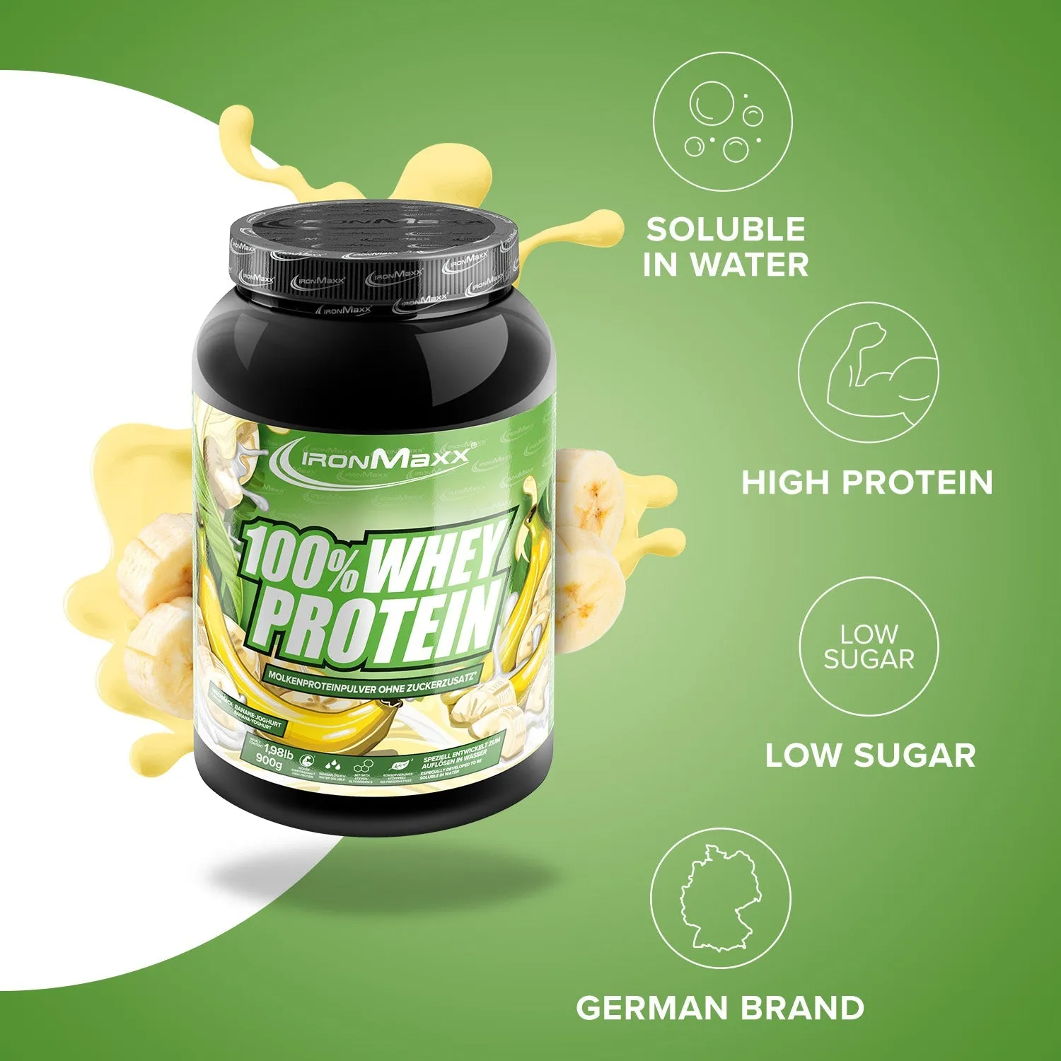 IronMaxx 100% Whey Protein Banane Yoghurt 900g zuckerfrei