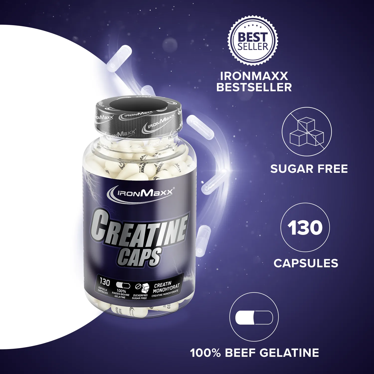 IronMaxx Creatine Caps Monohydrat Kapseln 130 Caps laktosefrei