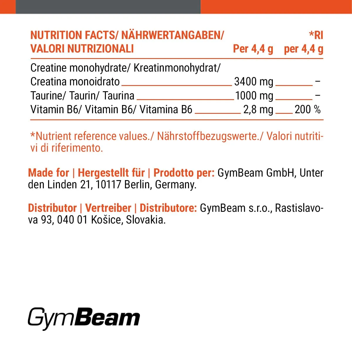 GymBeam Creatine Performance Kreatinpulver 400g neutral mit Taurin