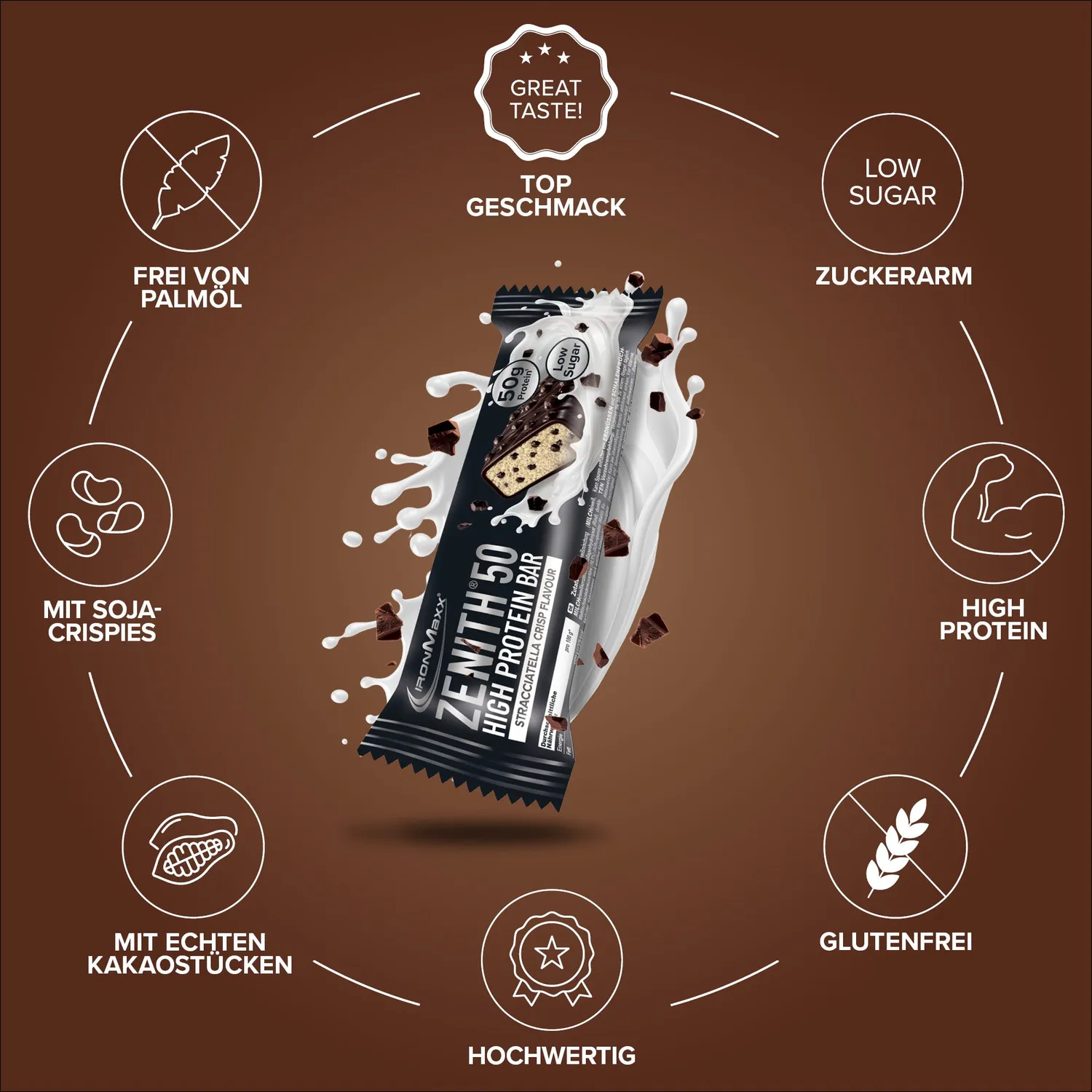 IronMaxx ZENITH 50 Proteinriegel 100g Stracciatella Crisp 50%