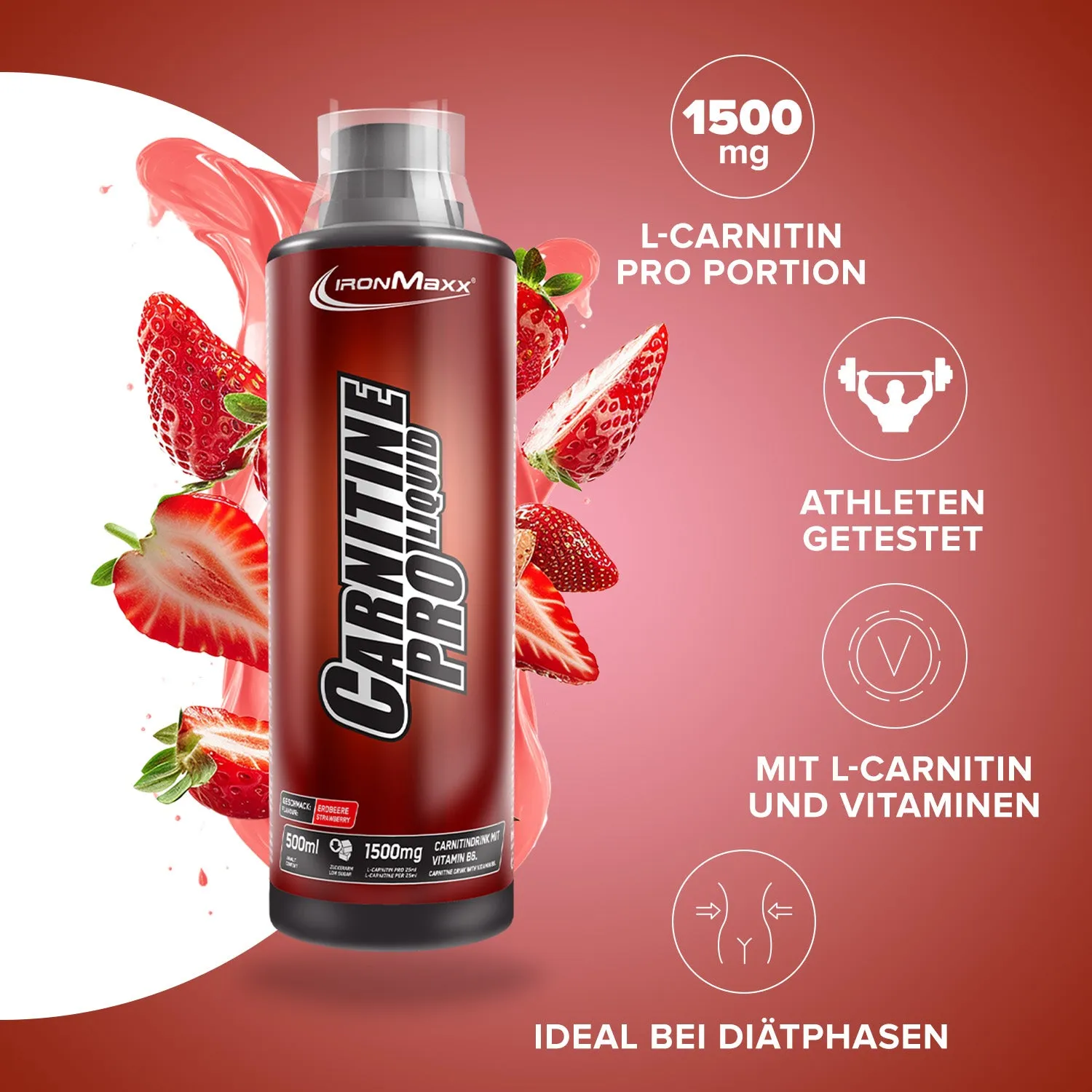 IronMaxx Carnitine Pro Liquid 500ml Erdbeere vegan