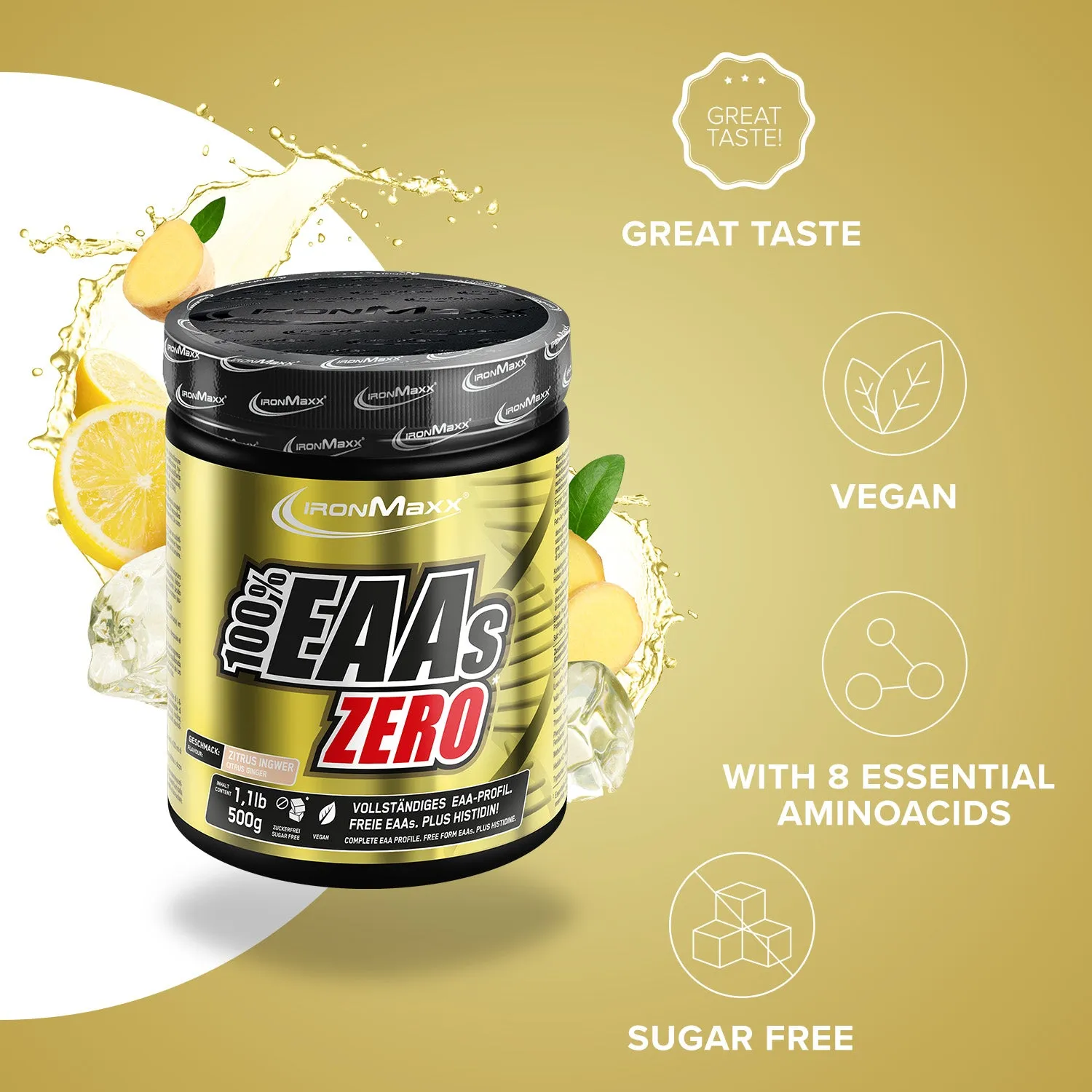 IronMaxx 100% EAAs Zero EAA Pulver 500g Zitrus-Ingwer vegan