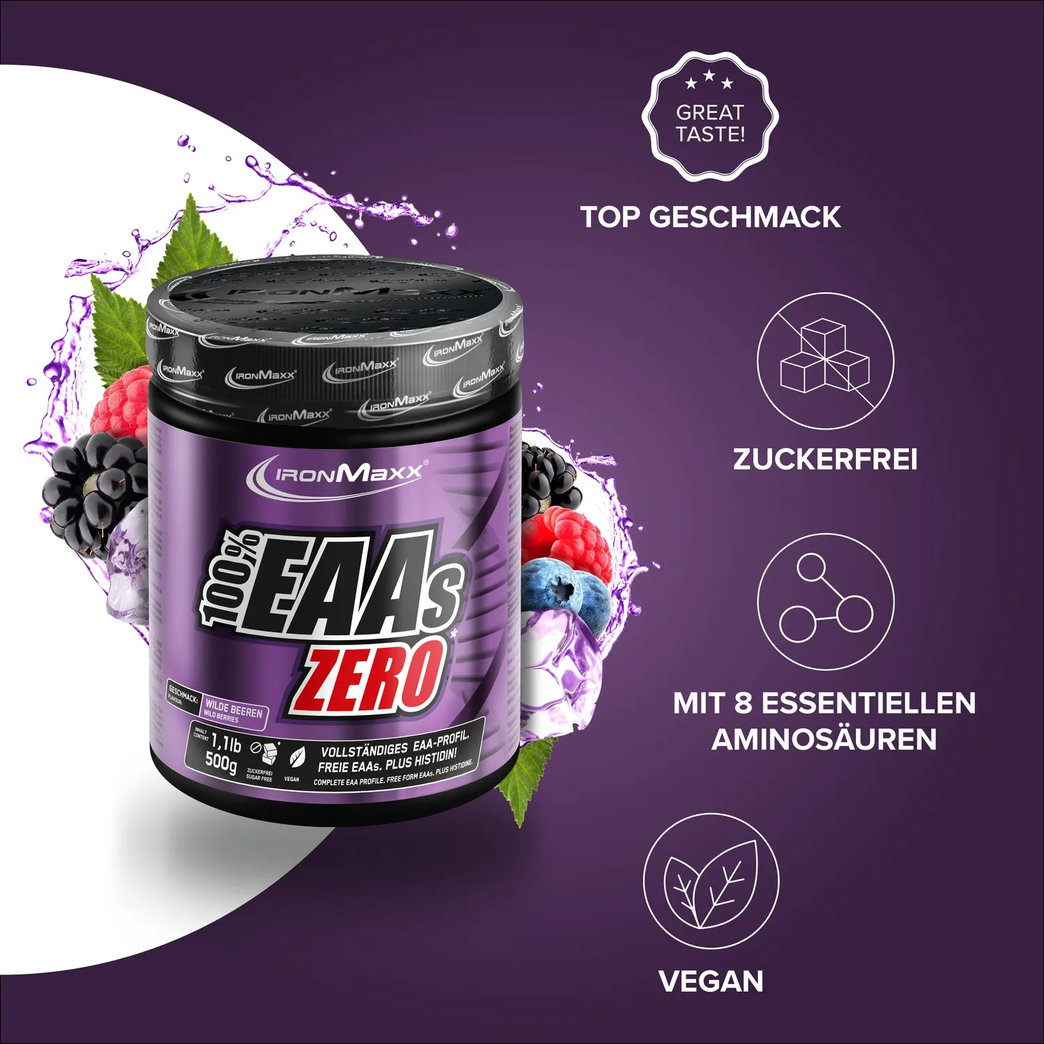 IronMaxx 100% EAAs Zero EAA Pulver 500g Wild Berries