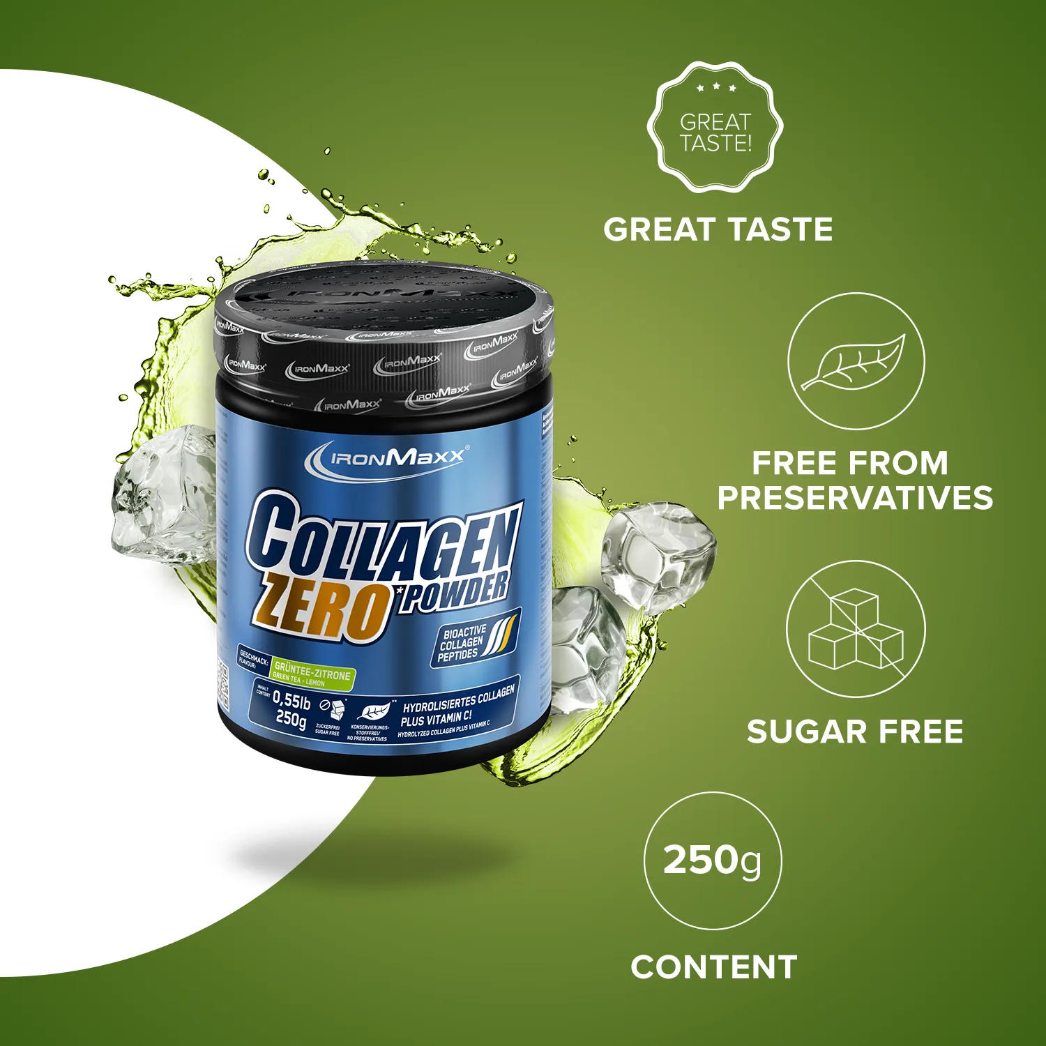 IronMaxx Collagen Powder Zero Kollagen Pulver 250g Grüntee-Zitrone