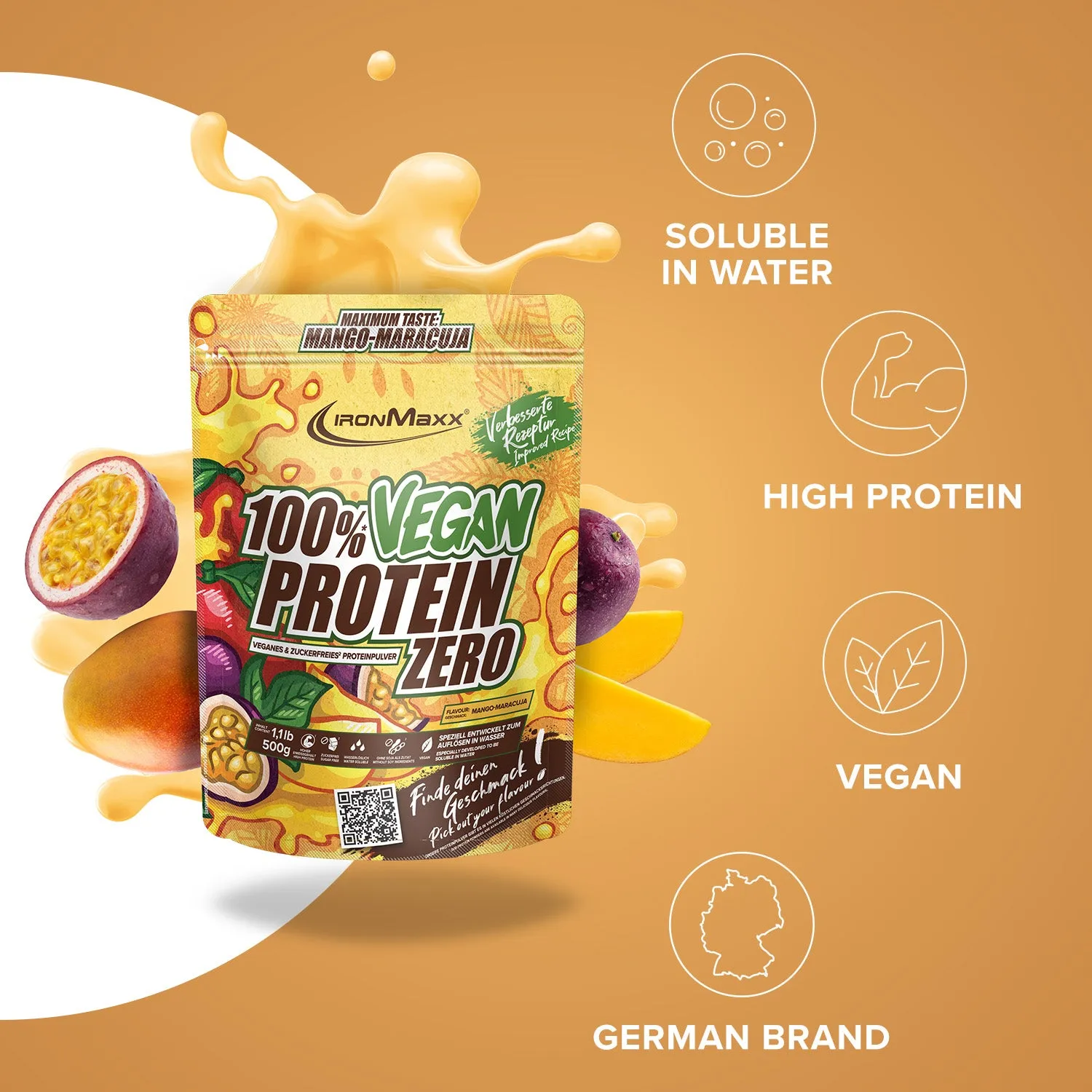 IronMaxx 100% Vegan Protein Zero Pulver Mango-Maracuja 500g fruchtig