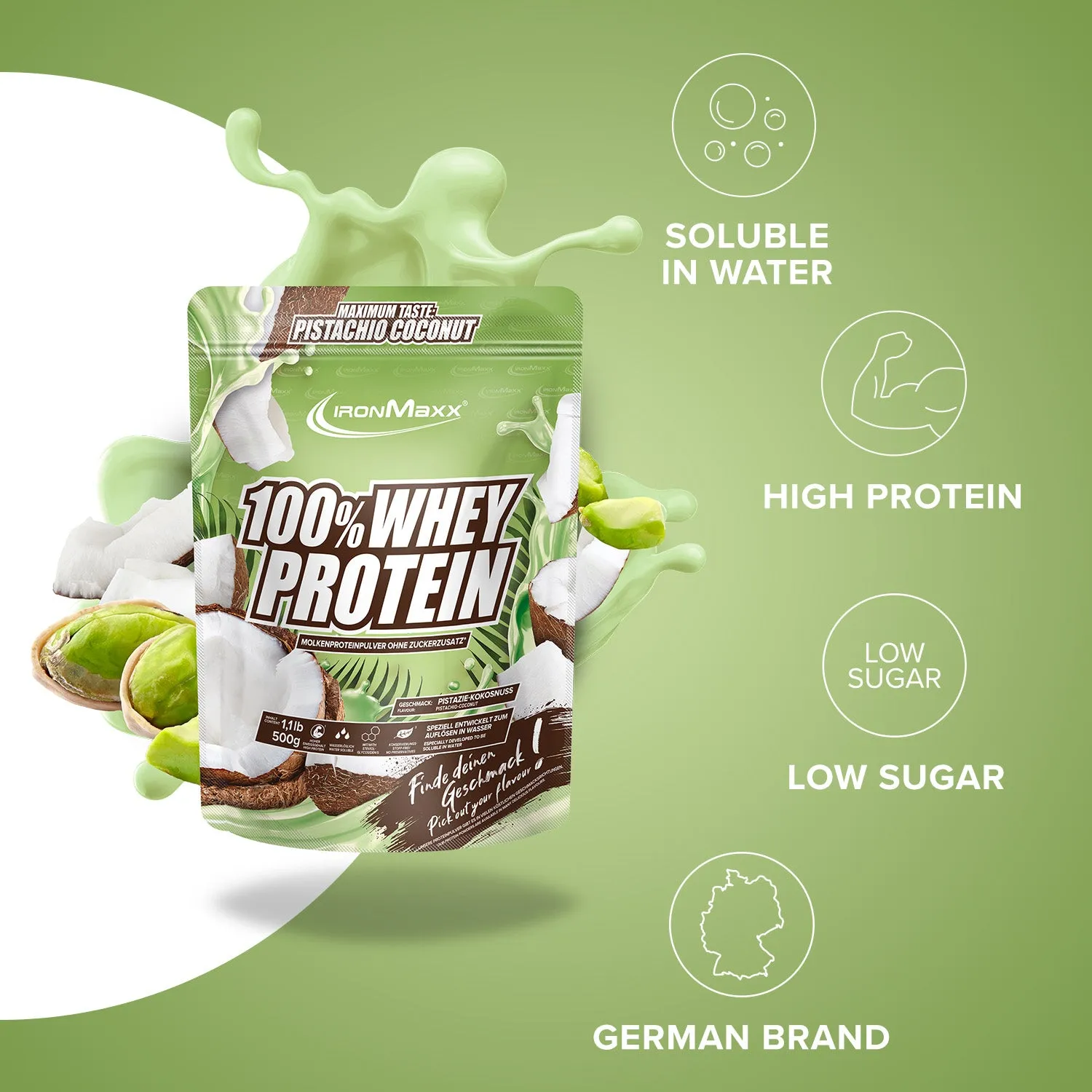 IronMaxx 100% Whey Proteinpulver 500 g Pistazie Kokos