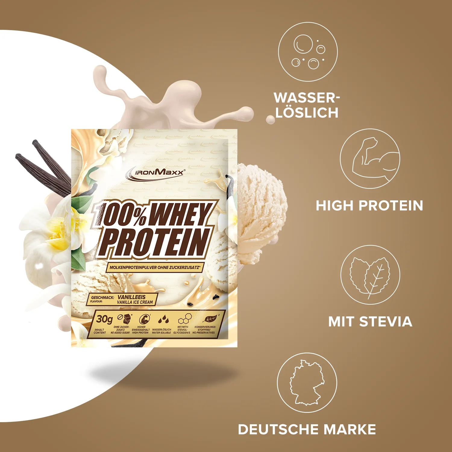 IronMaxx 100% Whey Protein Vanilla Ice Cream 30 g Probe