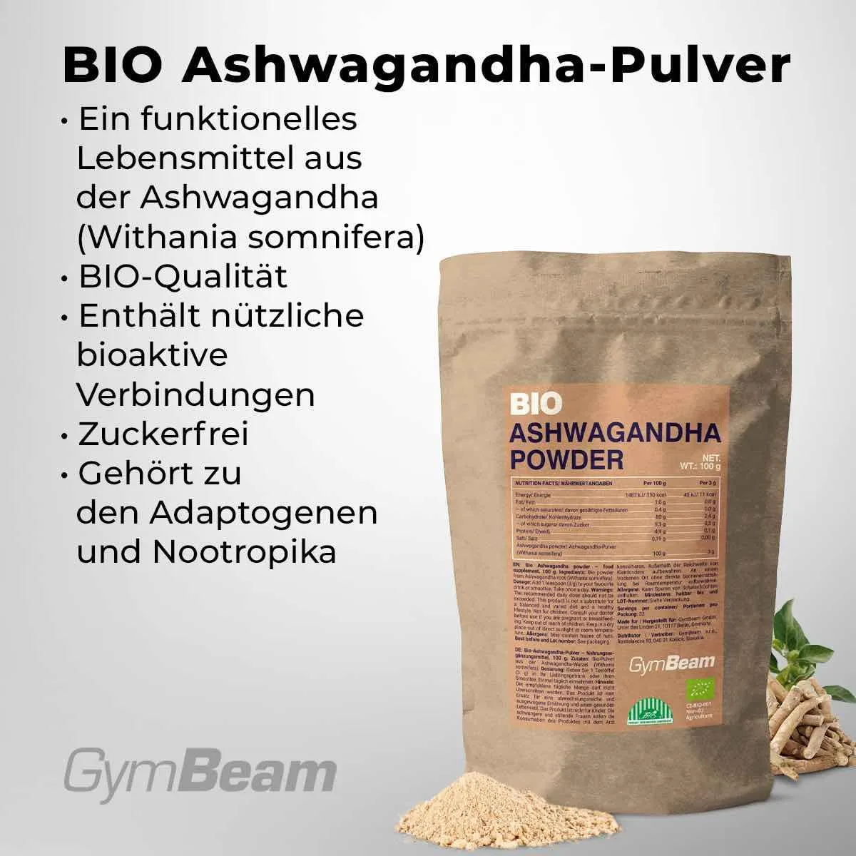 GymBeam Bio-Ashwagandha Pulver Stress 100g vegan