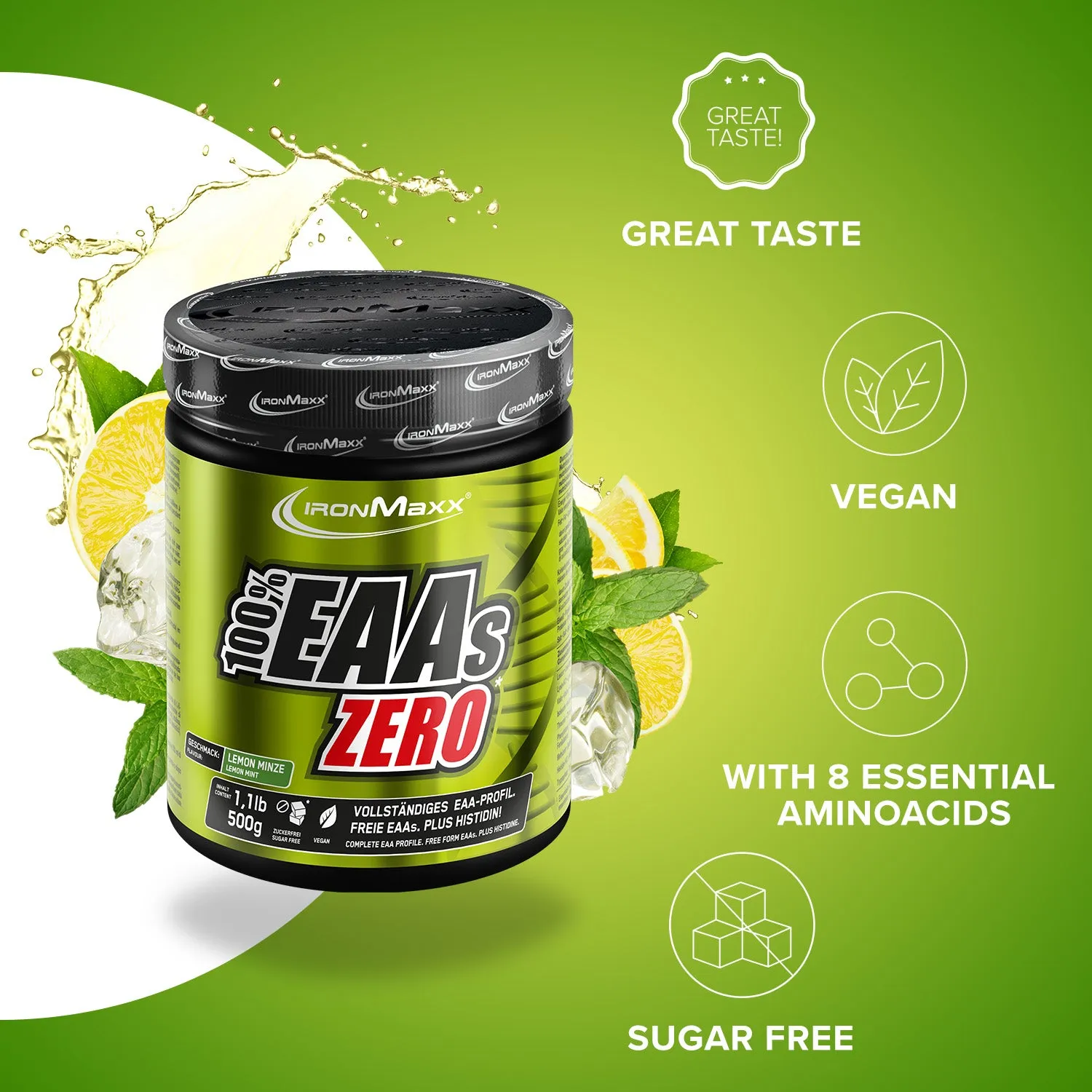 IronMaxx 100% EAAs Zero Pulver 500g Lemon-Minze