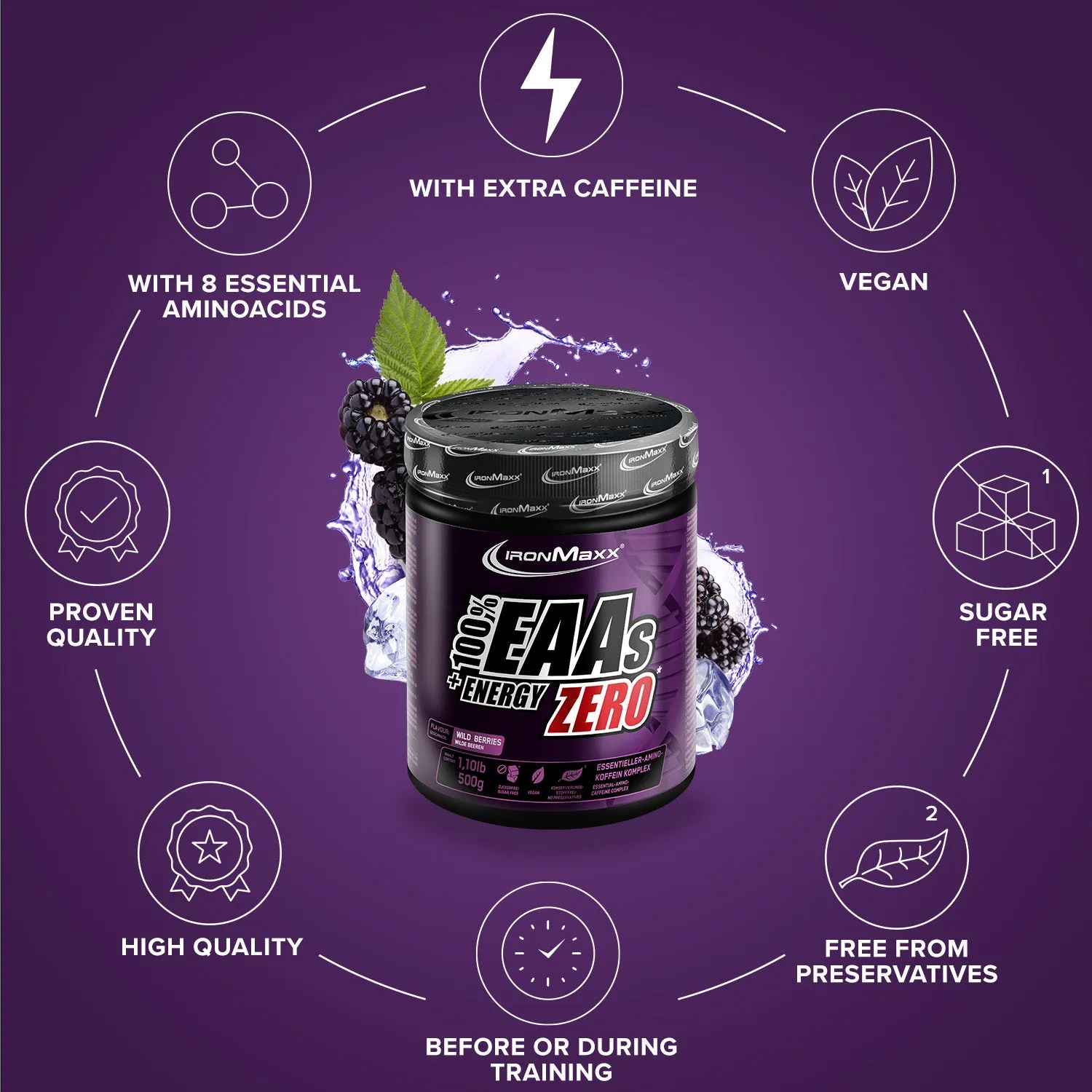 IronMaxx EAAs + Energy ZERO Pulver 500g Wild Berries