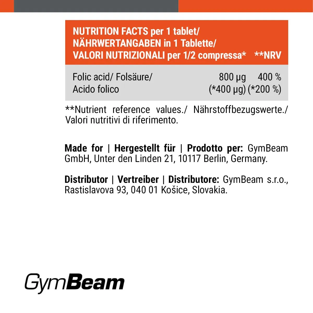 GymBeam Folsäure Vitamin B9 Tabletten 800 µg 90 Stück