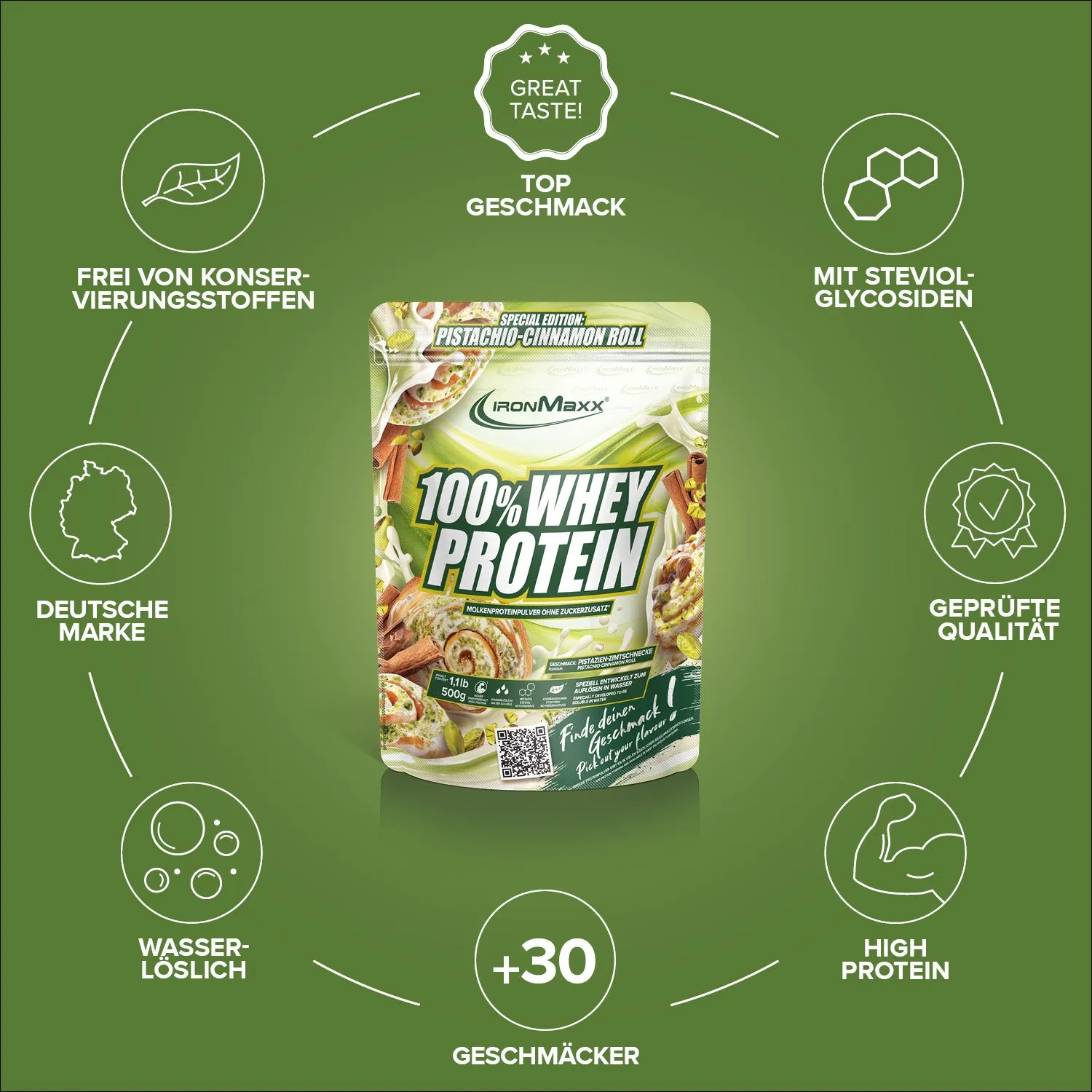 IronMaxx 100% Whey Protein Pistachio Cinnamon Roll 500g zuckerfrei